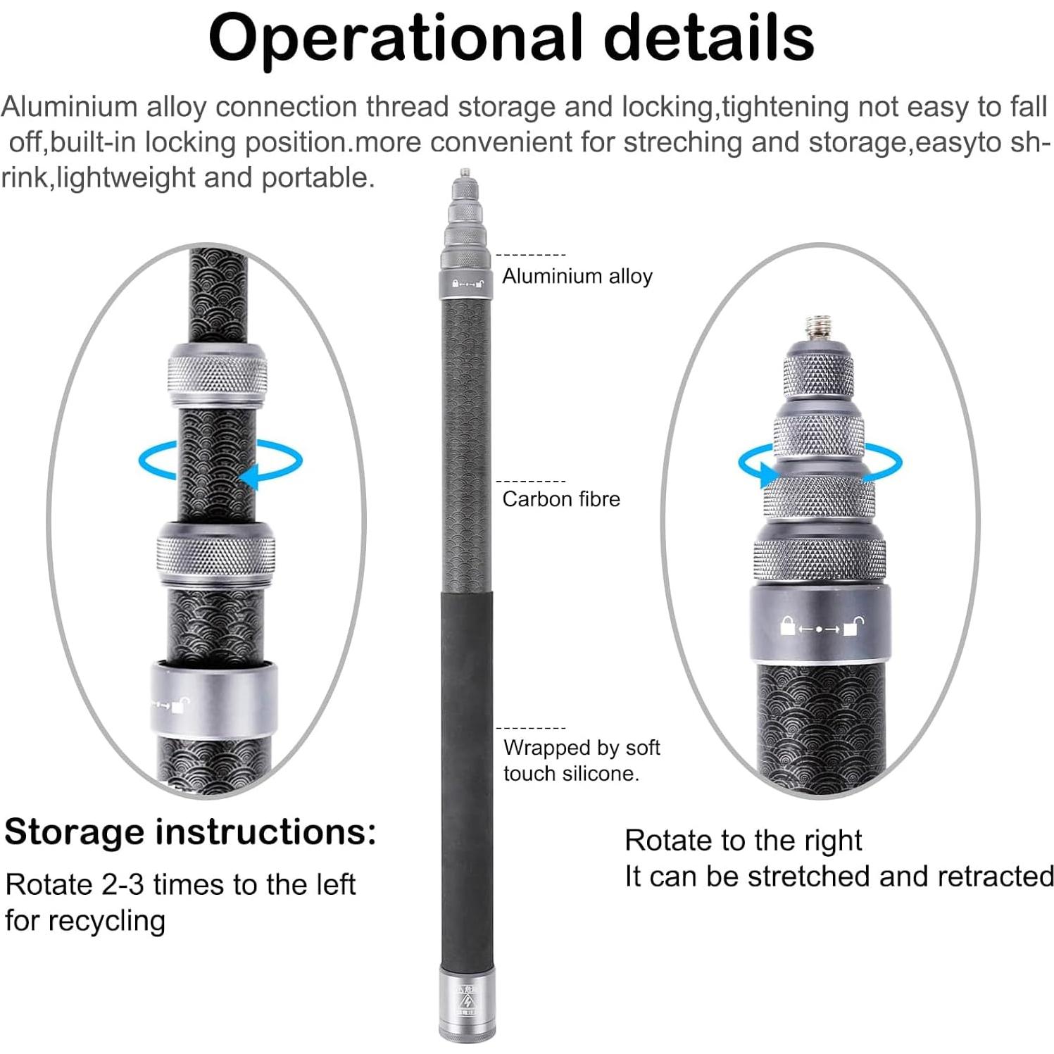 Palo de Selfie PellKing 3m Fibra de Carbono + Trípode 29cm Aluminio