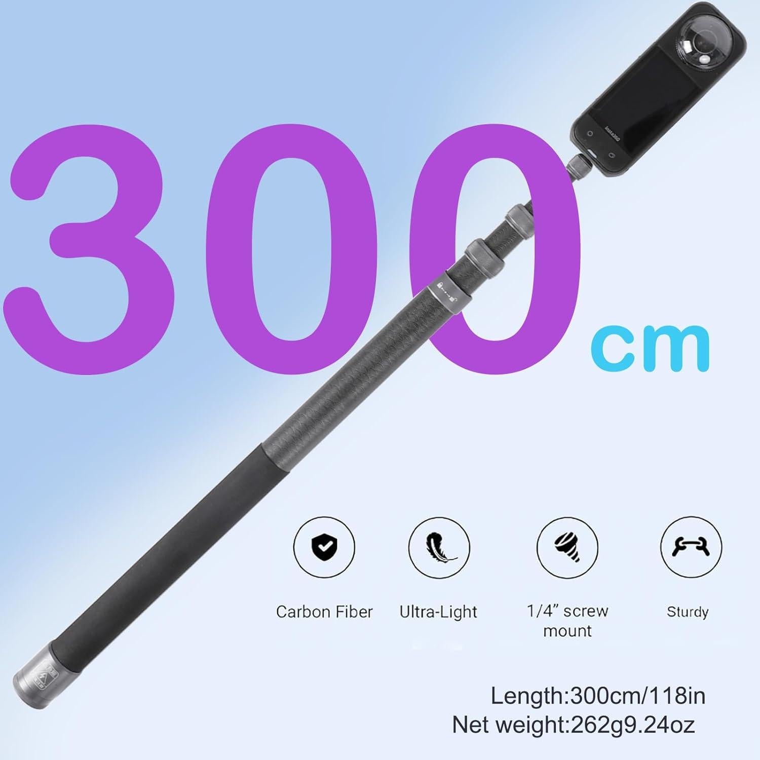 Palo de Selfie PellKing 3m Fibra de Carbono + Trípode 29cm Aluminio