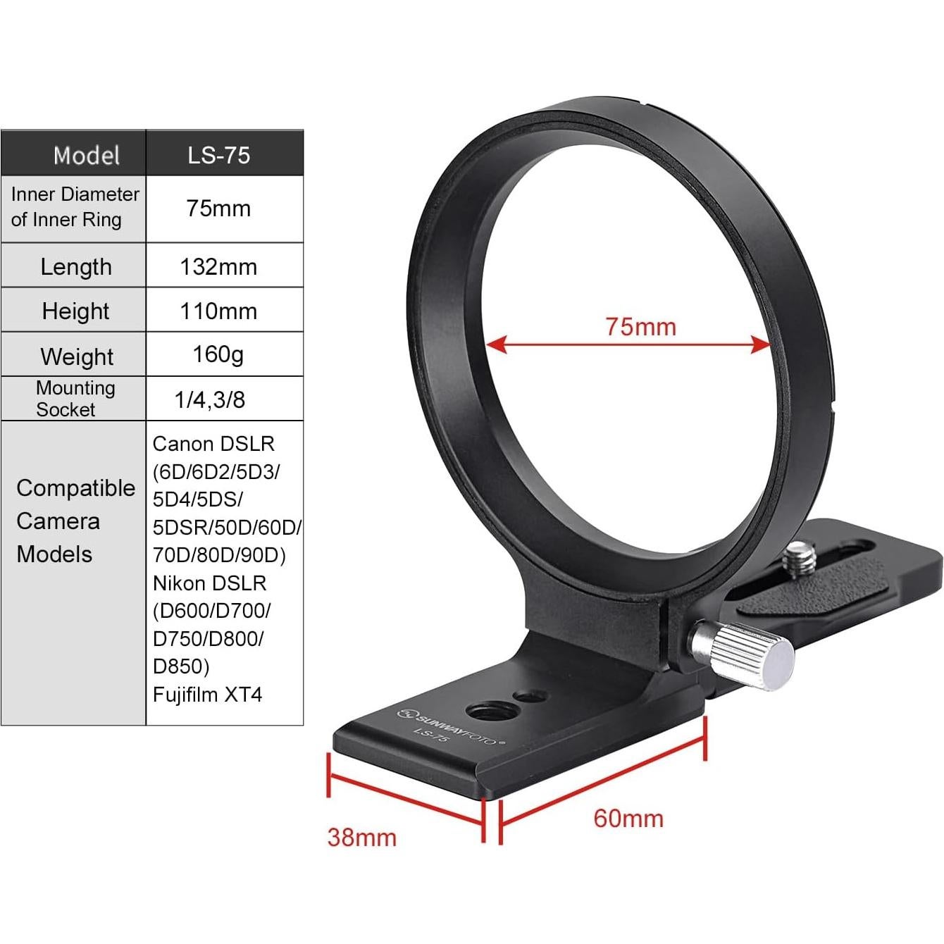Collar Rotatorio Universal SUNWAYFOTO LS-75 para Cámaras DSLR