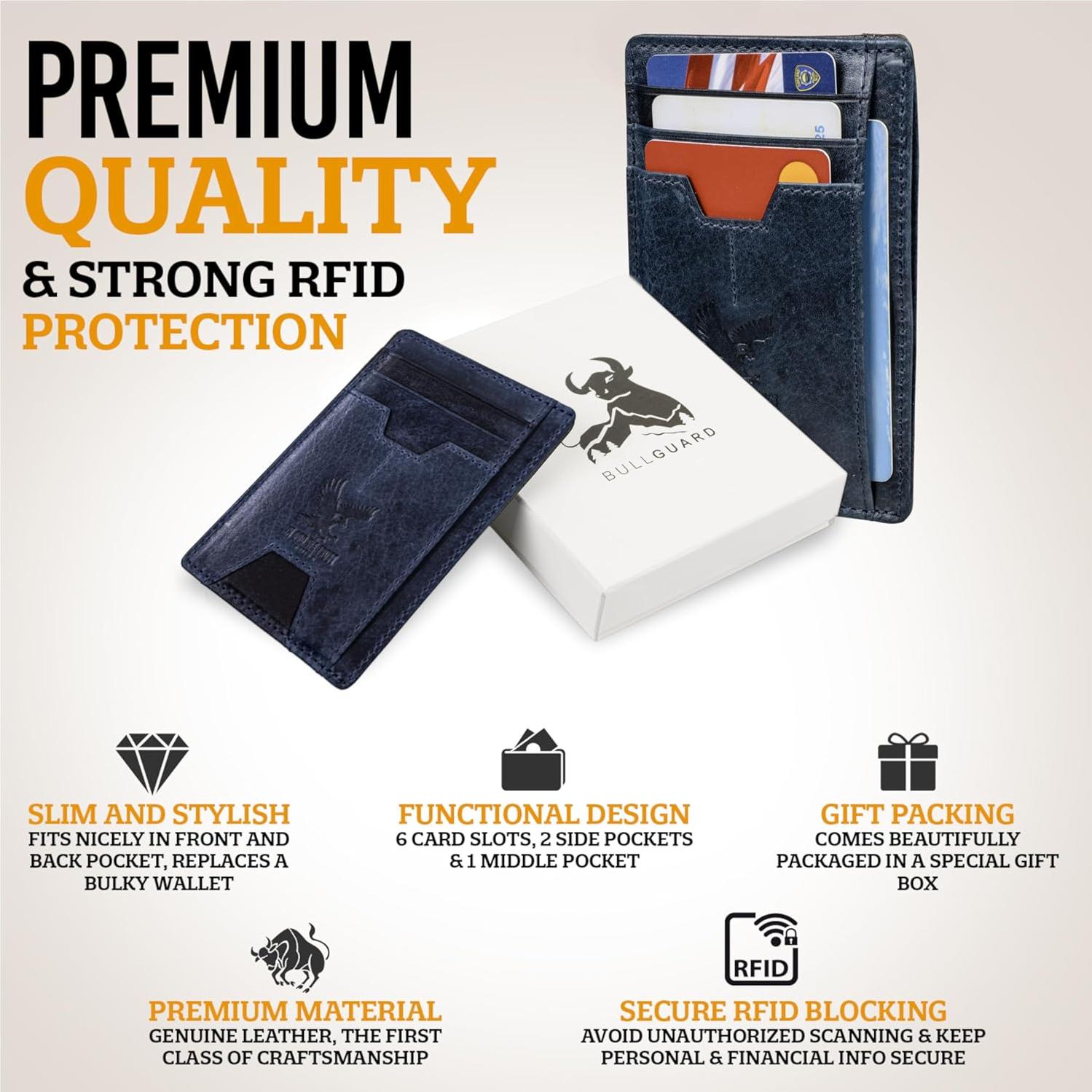 Billetera delgada de cuero Bull Guard con bloqueo RFID azul
