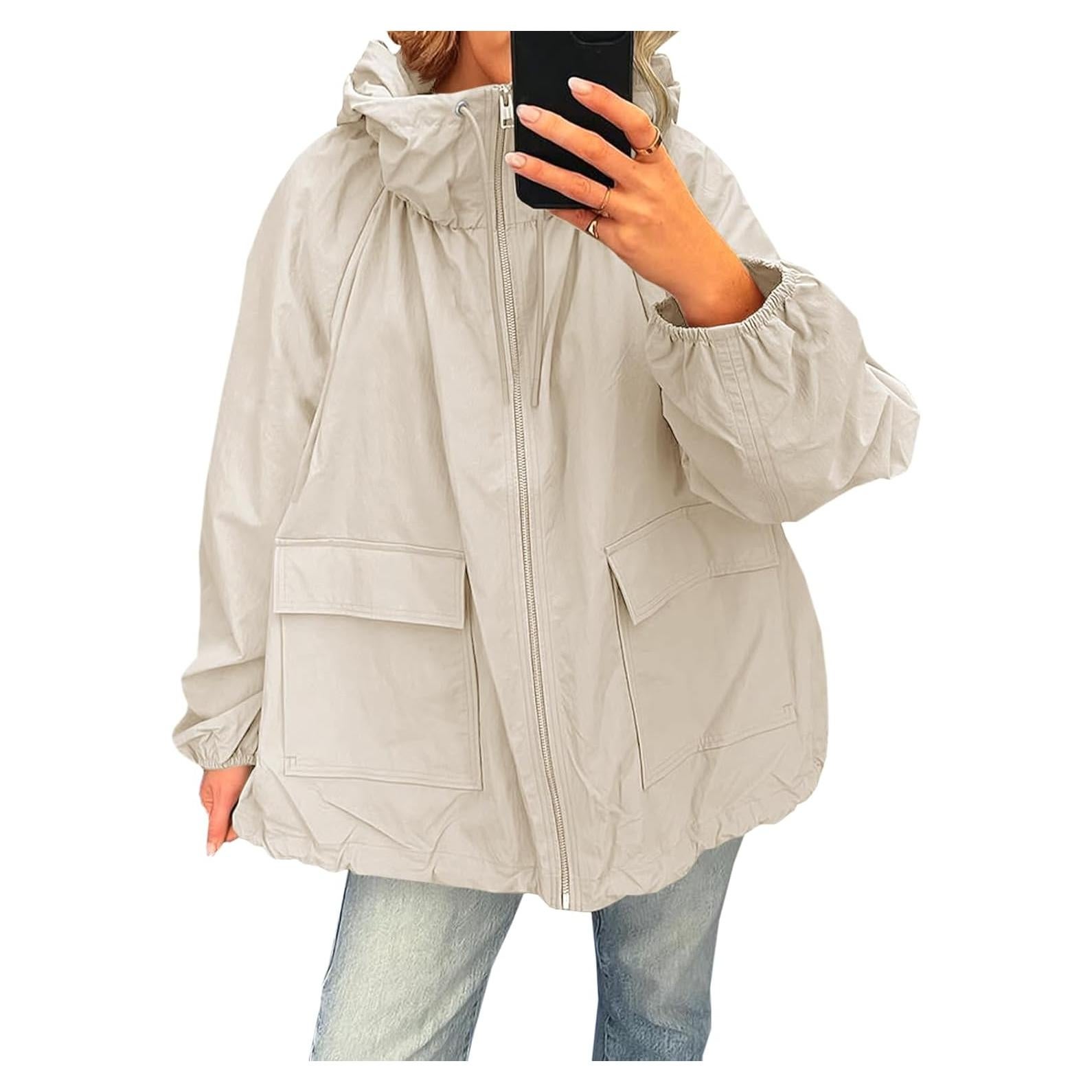 Fisoew Womens Oversized Lightweight Jacket Hooded Trench Coat Windbreaker Waterproof Raincoat With Pockets for Outdoor