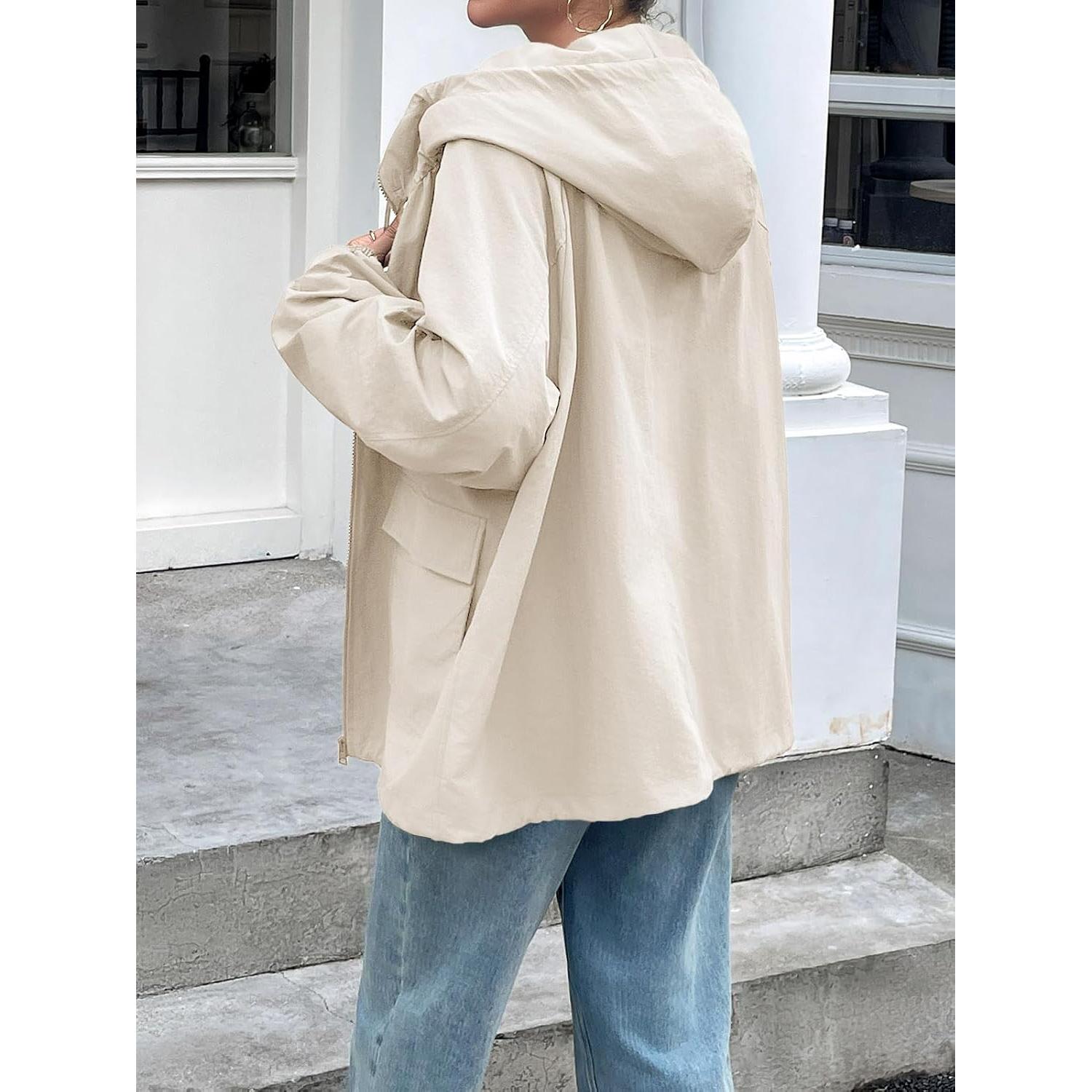Fisoew Womens Oversized Lightweight Jacket Hooded Trench Coat Windbreaker Waterproof Raincoat With Pockets for Outdoor