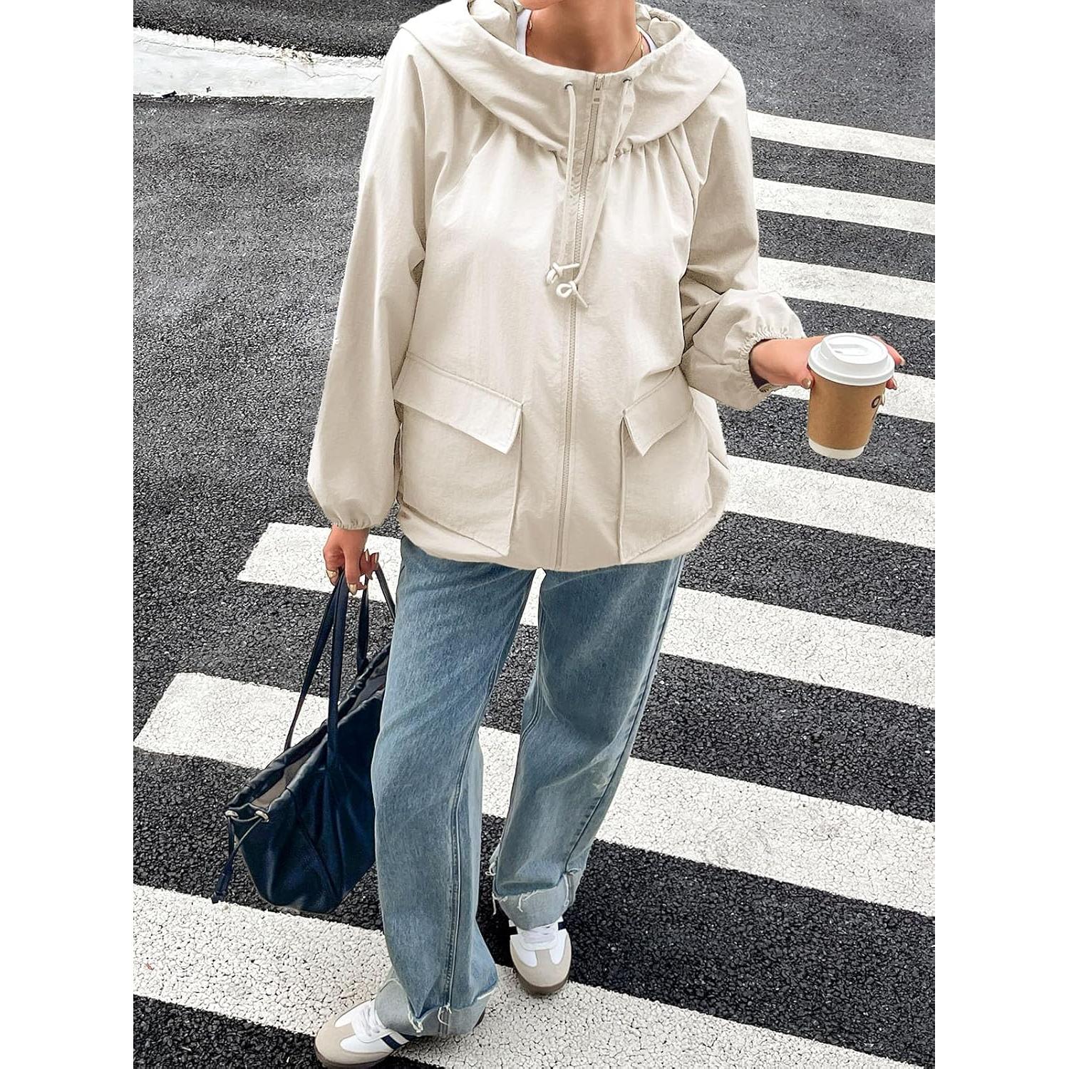 Fisoew Womens Oversized Lightweight Jacket Hooded Trench Coat Windbreaker Waterproof Raincoat With Pockets for Outdoor