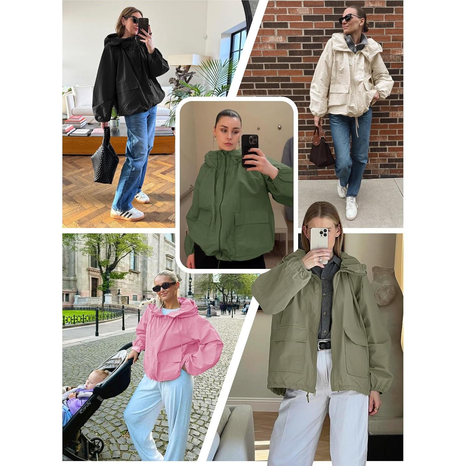 Fisoew Womens Oversized Lightweight Jacket Hooded Trench Coat Windbreaker Waterproof Raincoat With Pockets for Outdoor