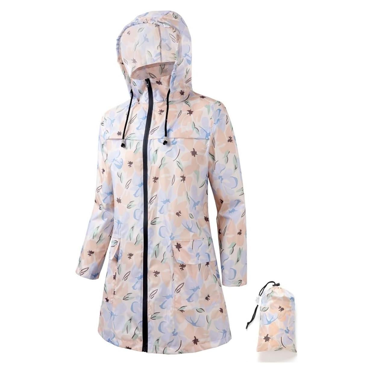 Chaqueta de Lluvia Impermeable para Mujeres - Azul Amarillo Flores