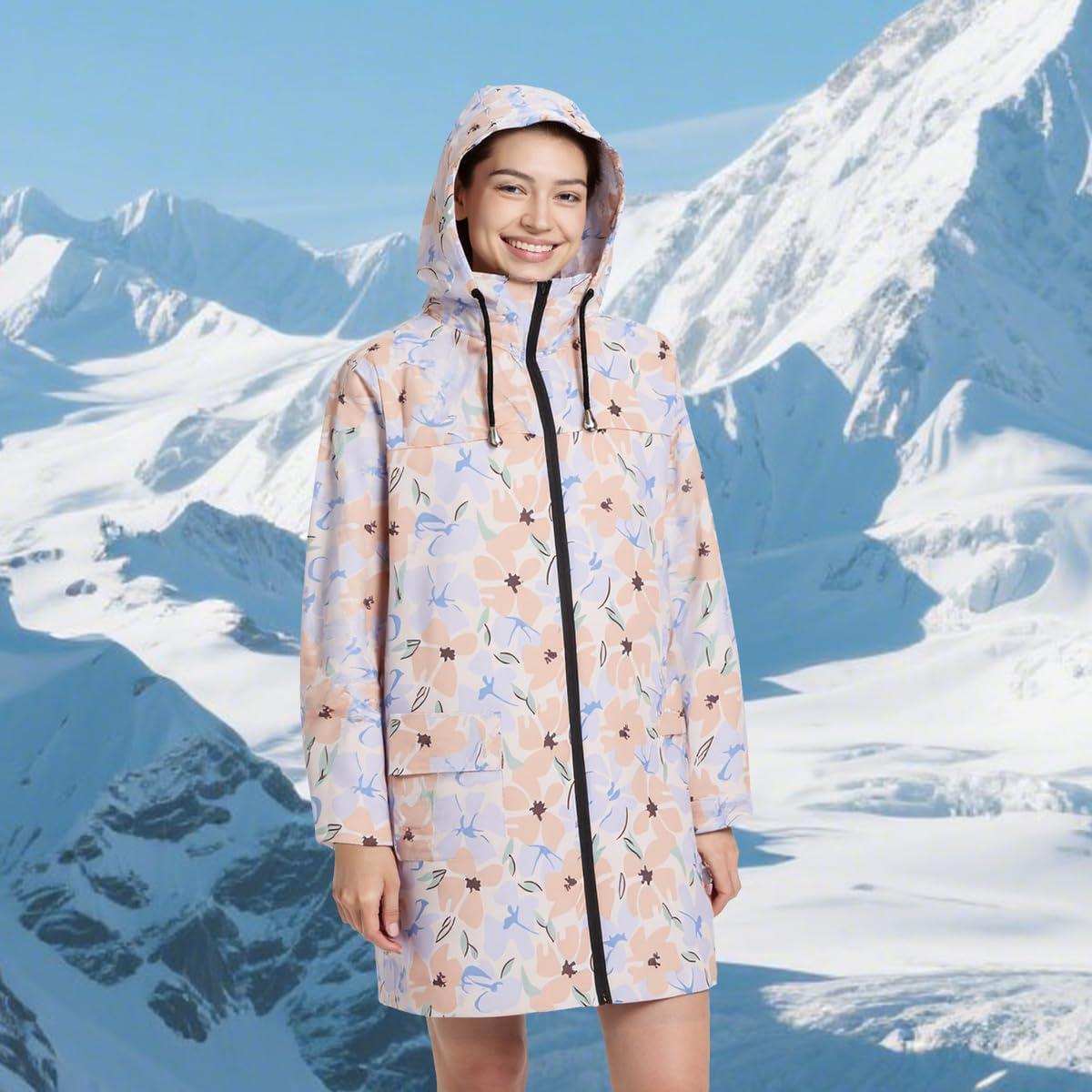 Chaqueta de Lluvia Impermeable para Mujeres - Azul Amarillo Flores