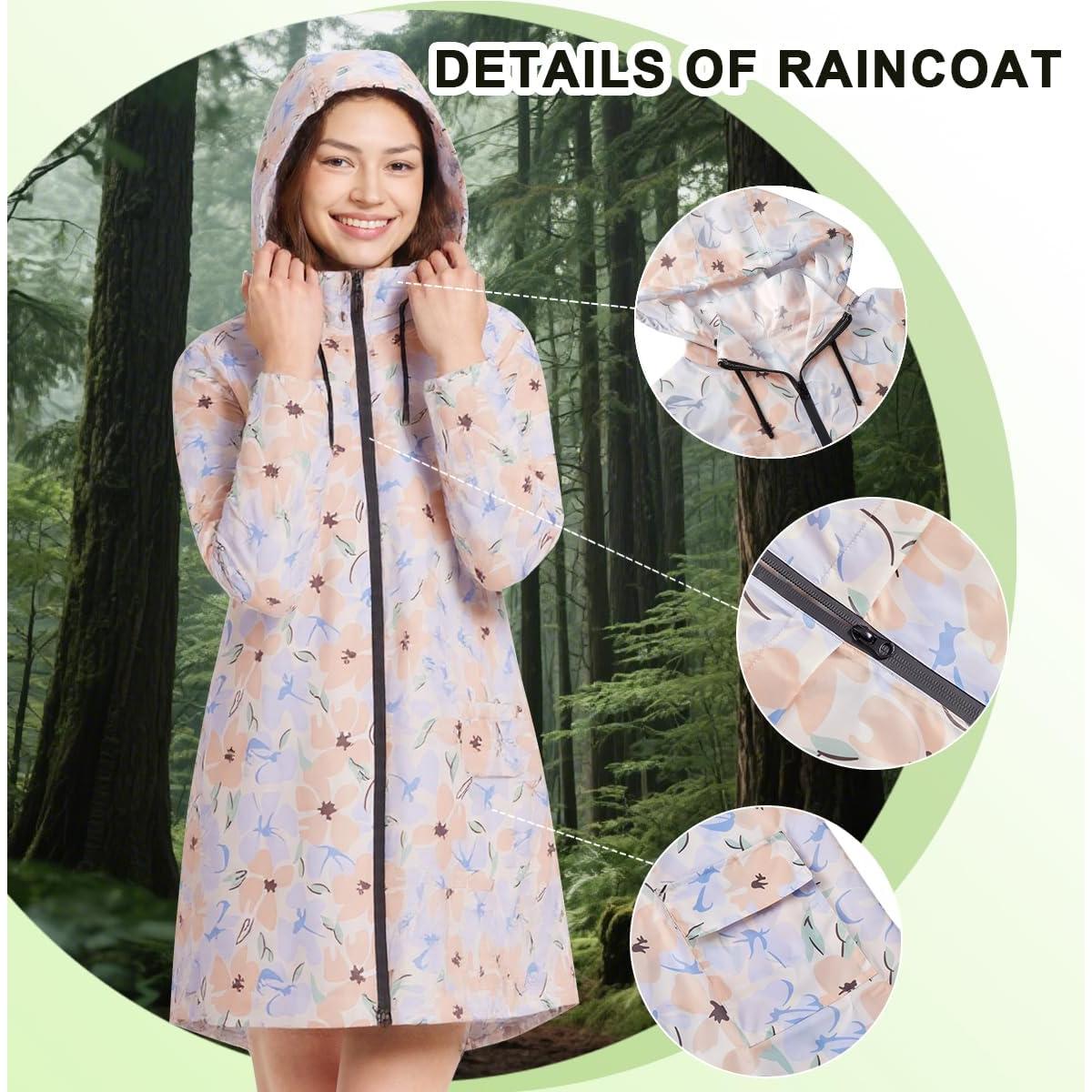 Chaqueta de Lluvia Impermeable para Mujeres - Azul Amarillo Flores