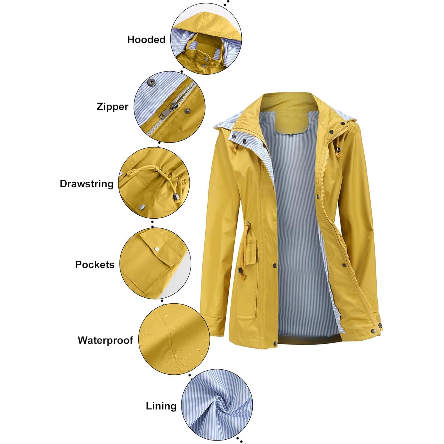 Chaqueta de Lluvia IFFEI para Mujeres Impermeable Amarillo Mediano