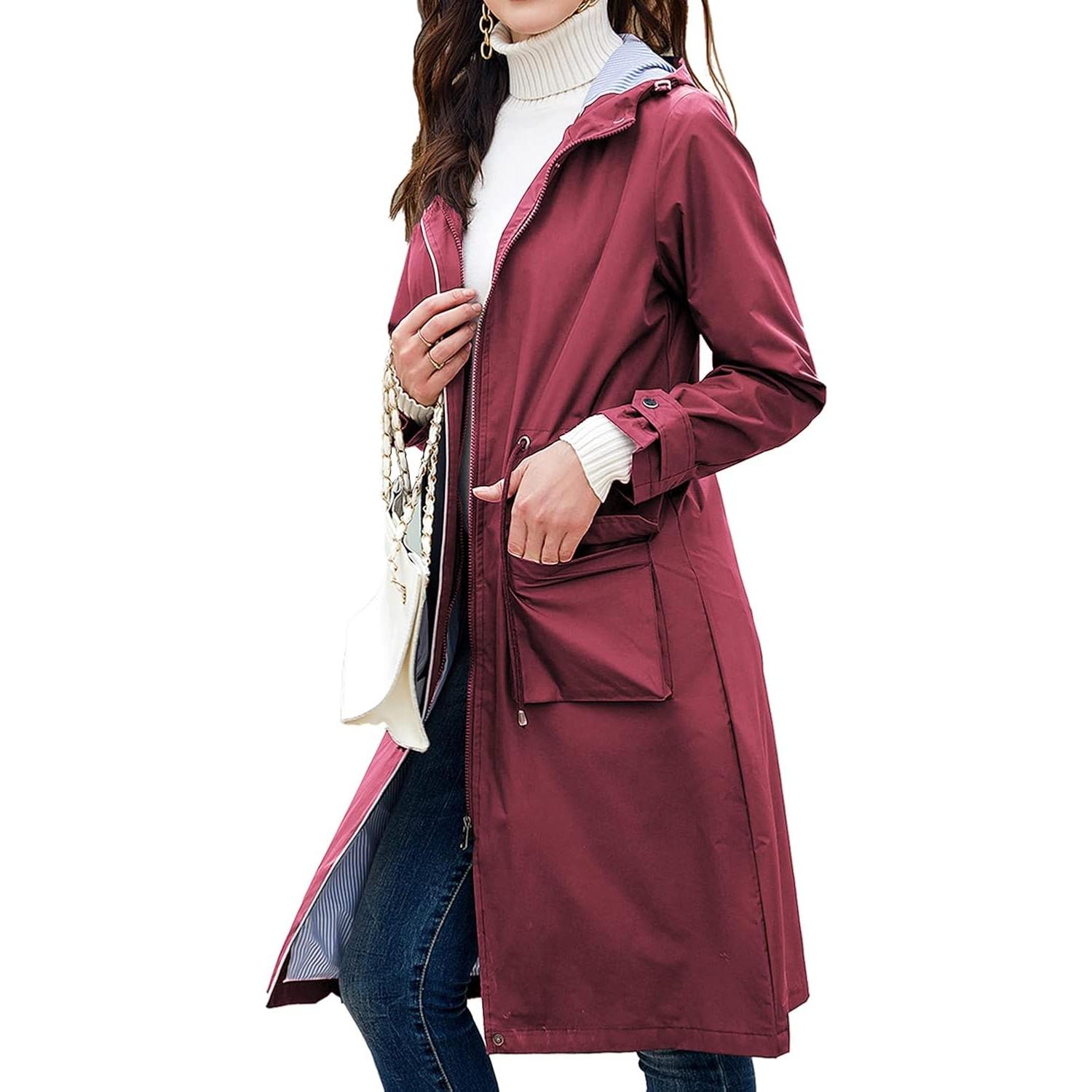 Chaqueta de Lluvia Impermeable para Mujeres Homgro Larga Burdeos
