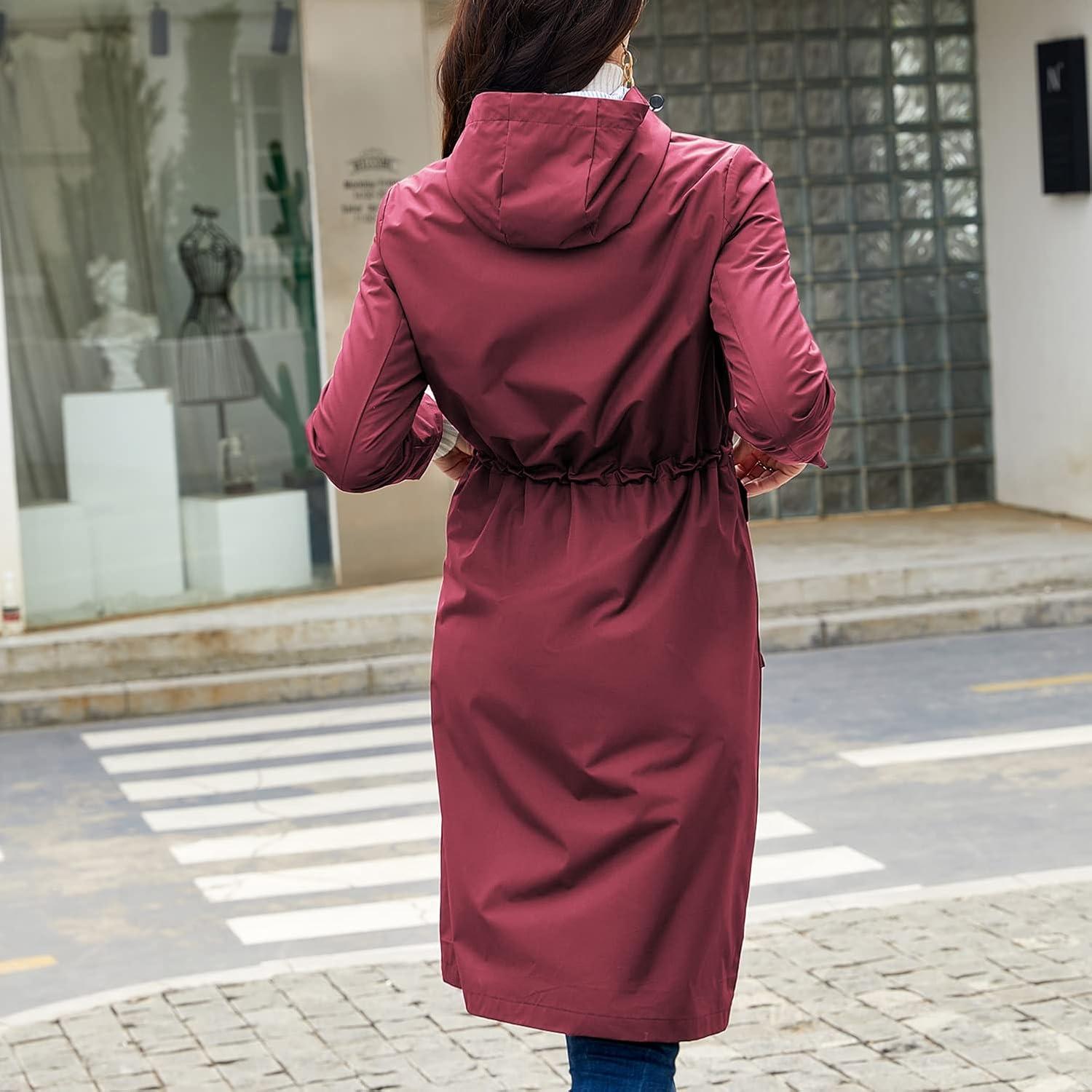 Chaqueta de Lluvia Impermeable para Mujeres Homgro Larga Burdeos