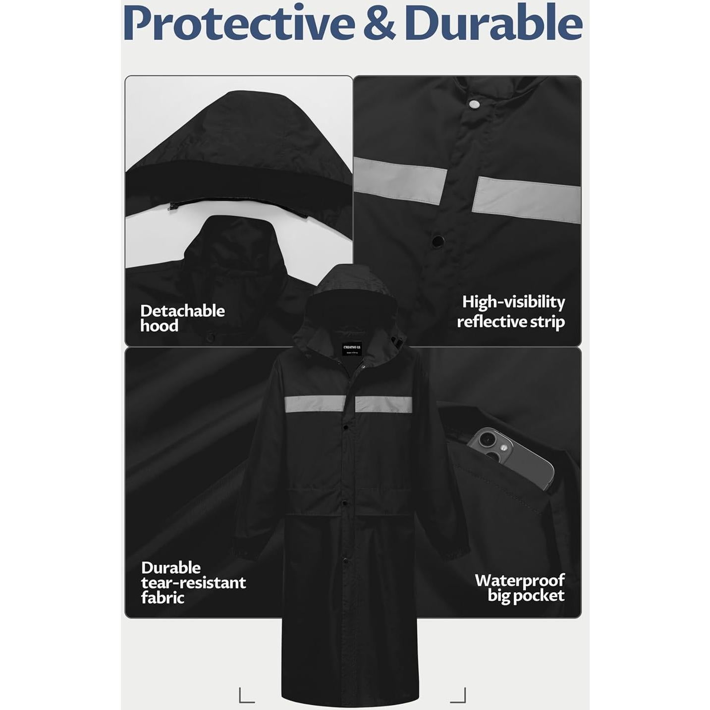 Abrigo Largo de Lluvia Impermeable CREATMO Hombre XXL Negro