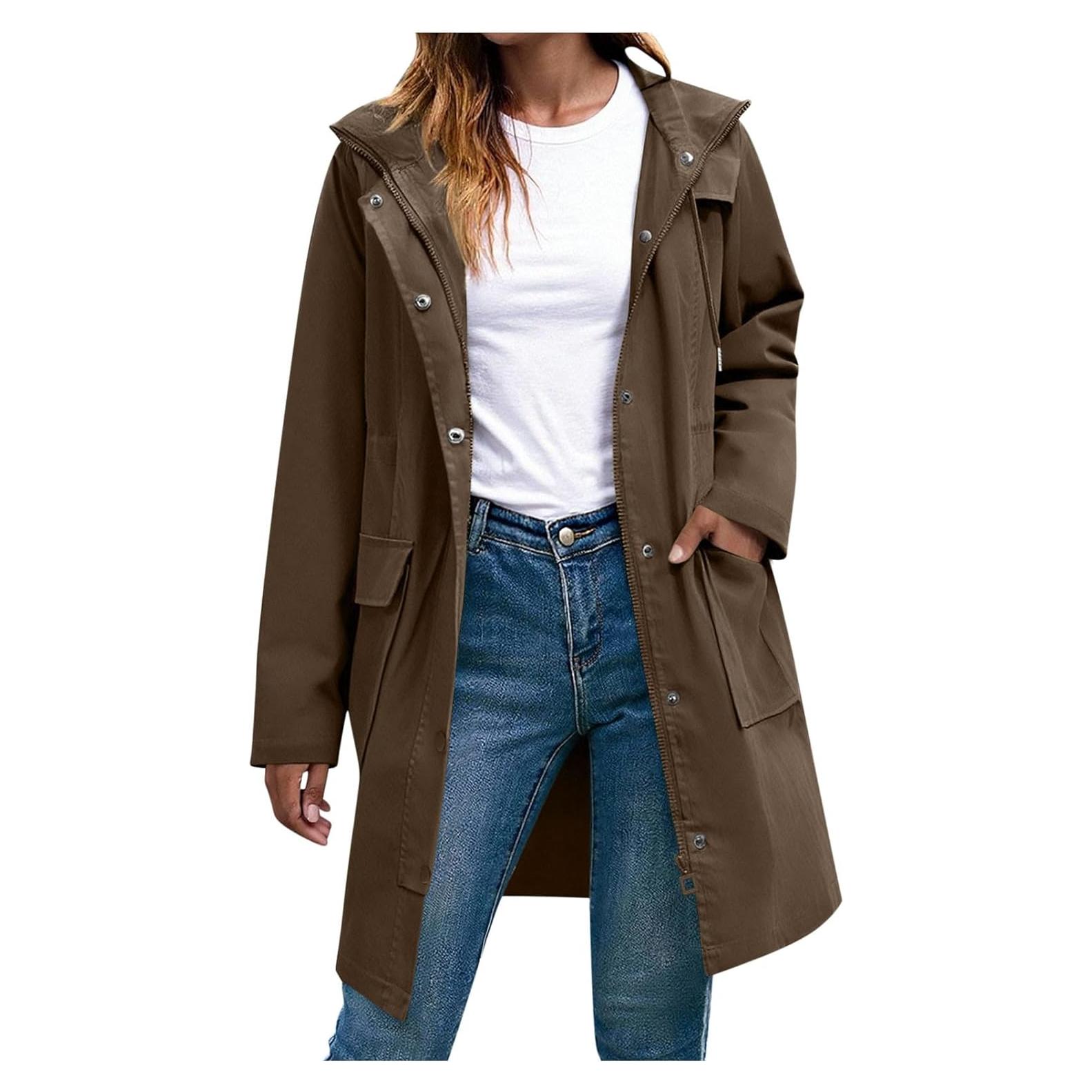 Abrigo de Lluvia Largo con Capucha para Mujeres - Marrón