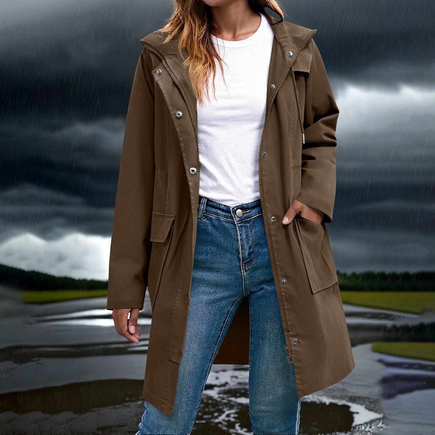 Abrigo de Lluvia Largo con Capucha para Mujeres - Marrón