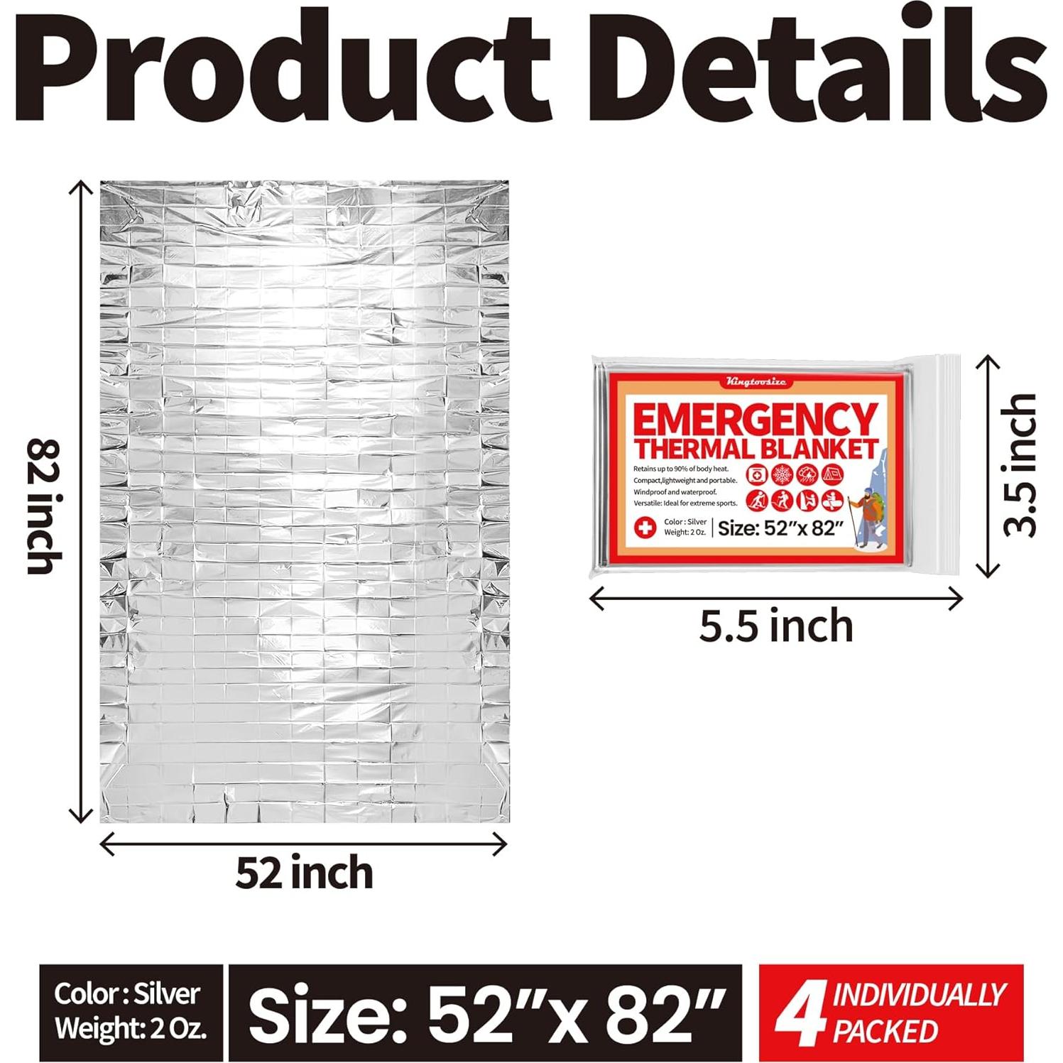 Manta Térmica de Emergencia KingtooSize - Paquete de 4, 90% Retención Calor
