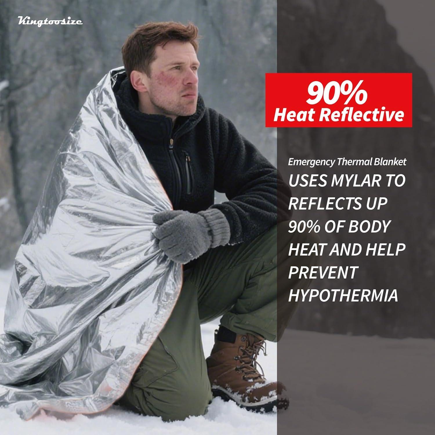 Manta Térmica de Emergencia KingtooSize - Paquete de 4, 90% Retención Calor