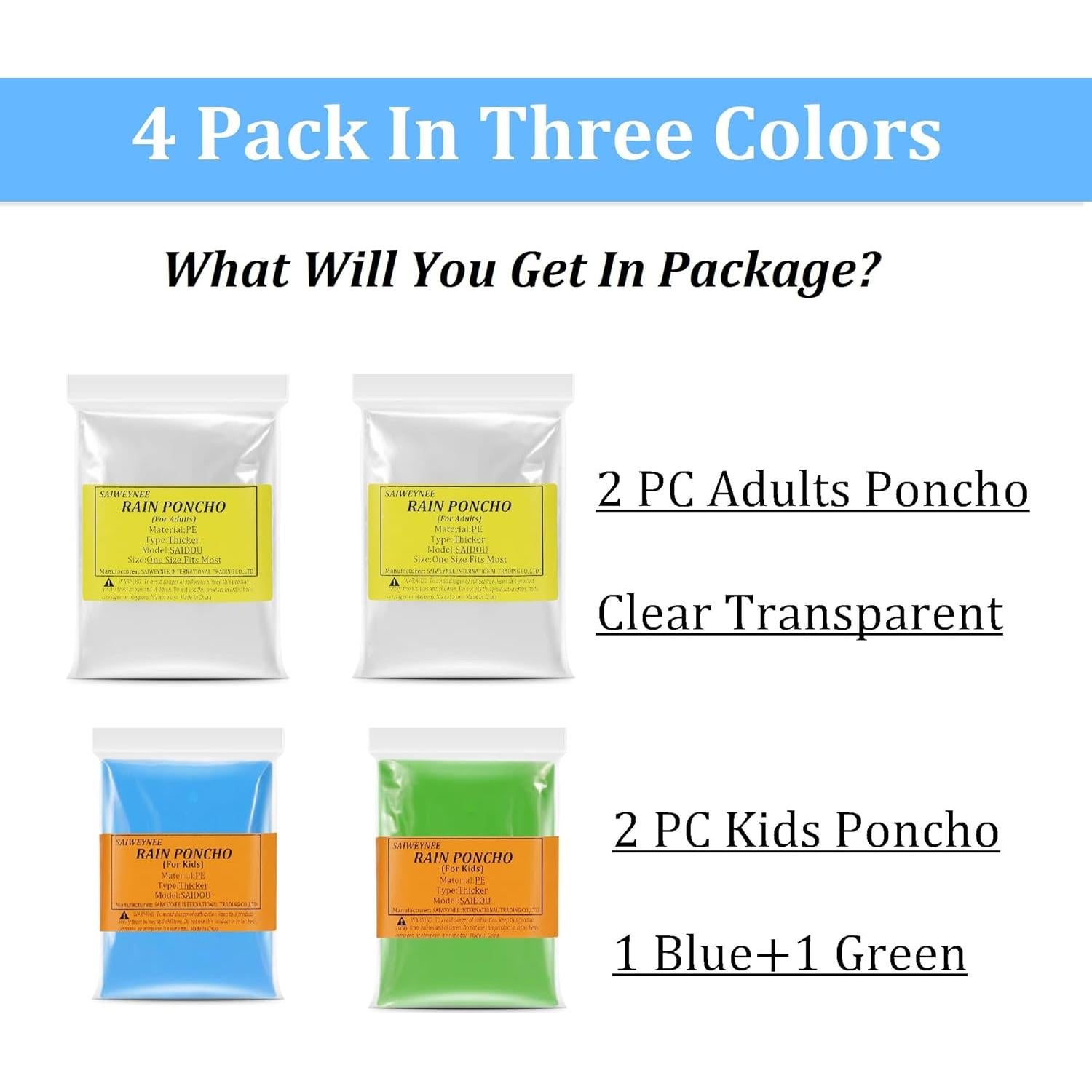 Paquete Familiar de Ponchos de Lluvia SAIWEYNEE - 2 Adultos y 2 Niños