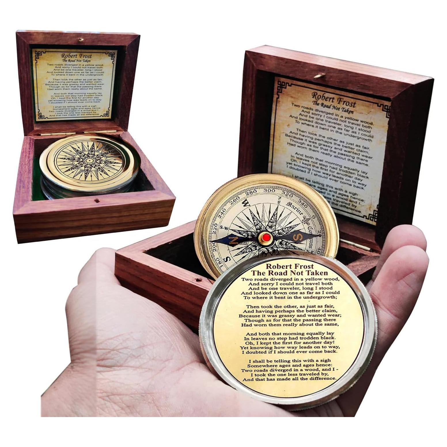 Brújula de Bronce Antiguo con Poema de Robert Frost - Regalo Inspirador