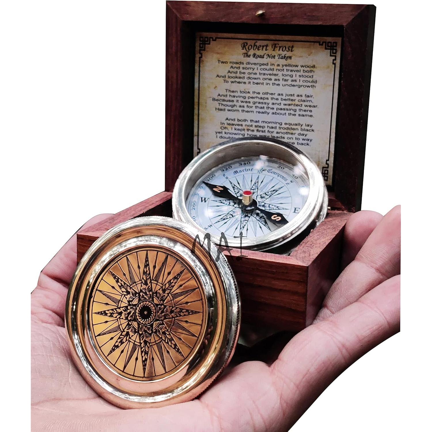 Brújula de Bronce Antiguo con Poema de Robert Frost - Regalo Inspirador