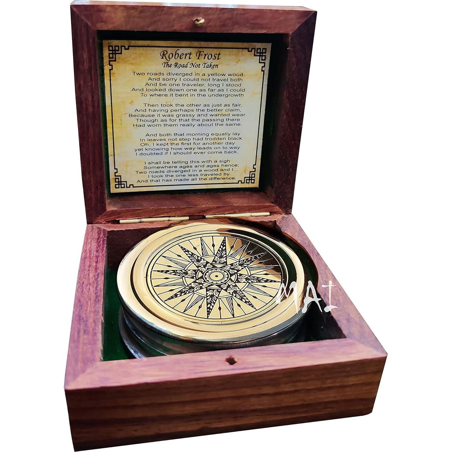 Brújula de Bronce Antiguo con Poema de Robert Frost - Regalo Inspirador
