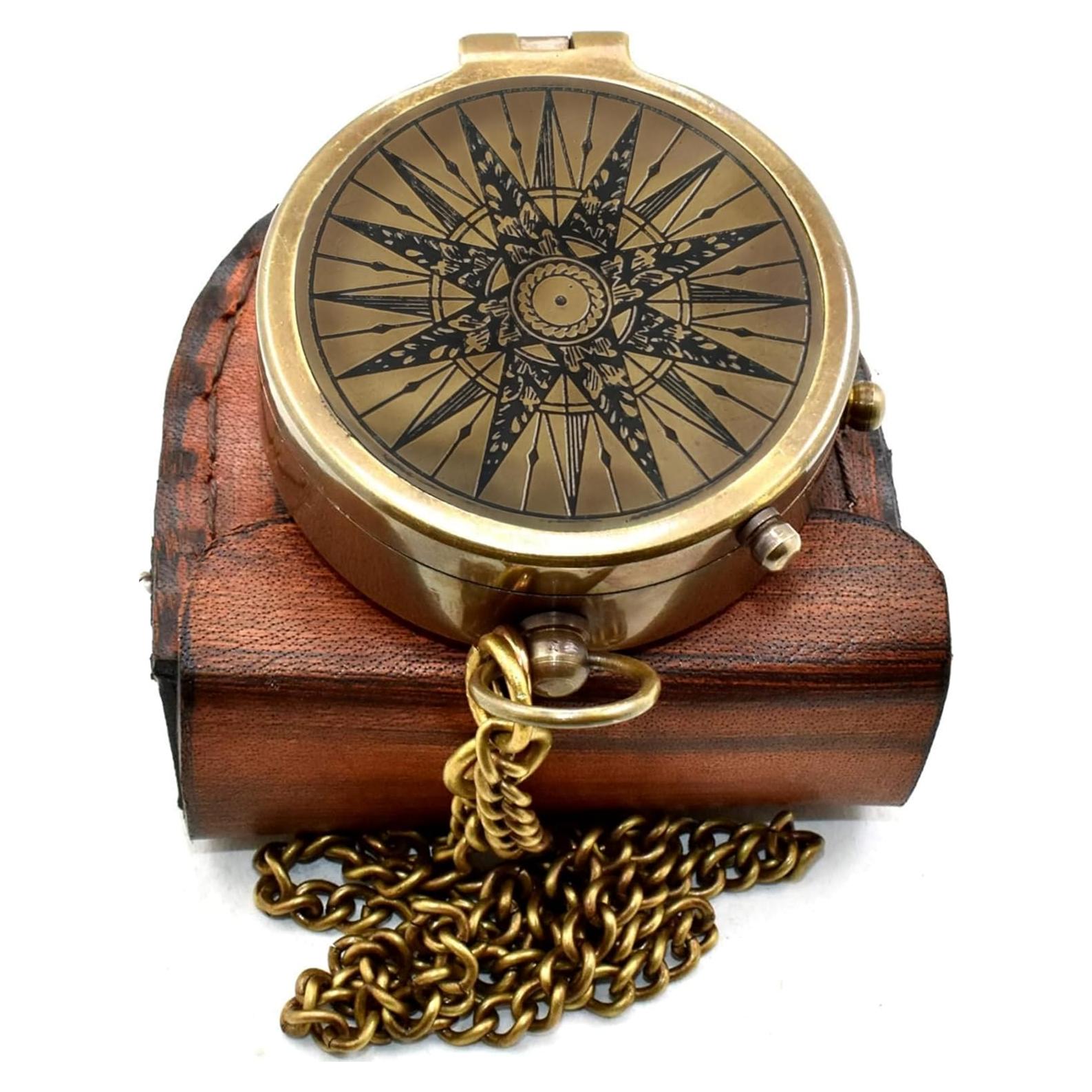 Brújula Vintage de Bronce Antiguo Dehradun 5cm con Funda de Cuero