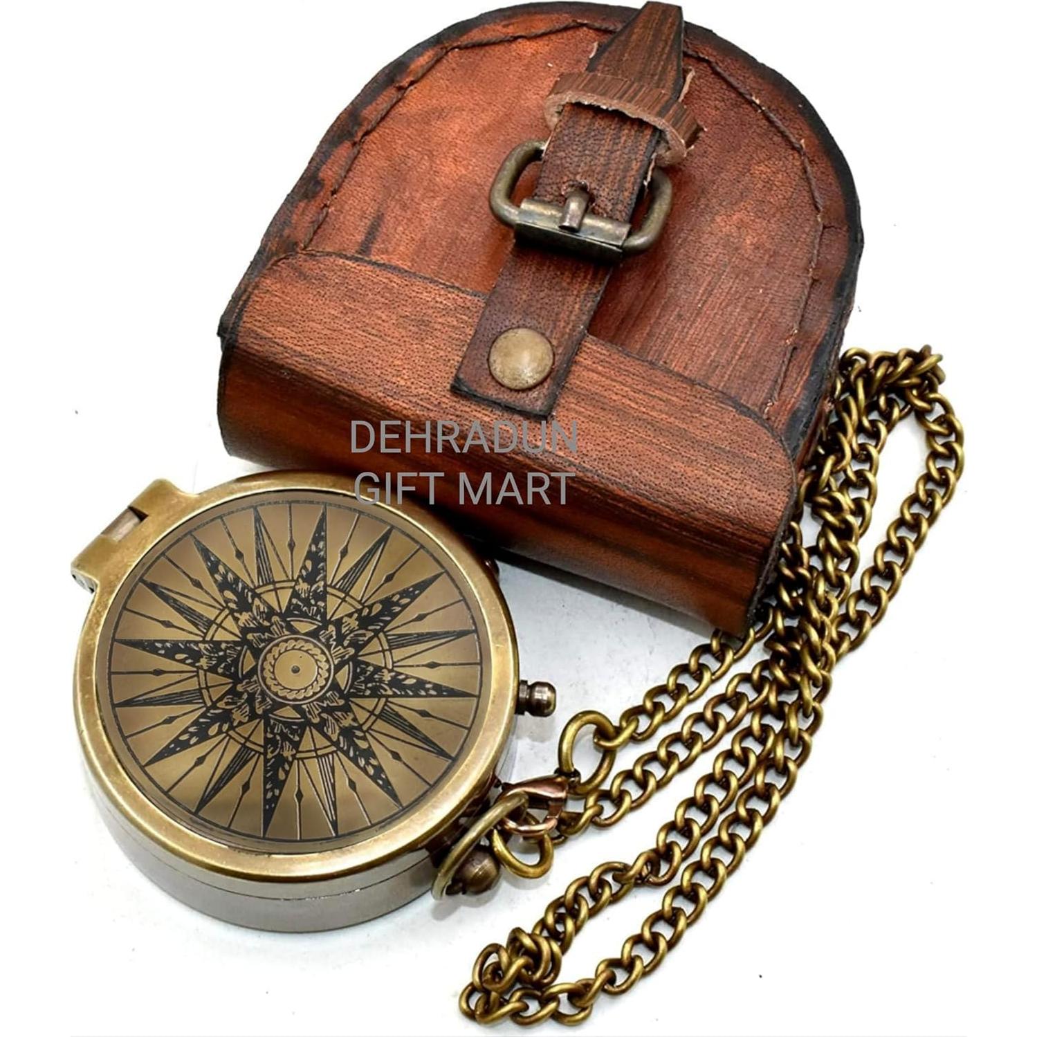 Brújula Vintage de Bronce Antiguo Dehradun 5cm con Funda de Cuero
