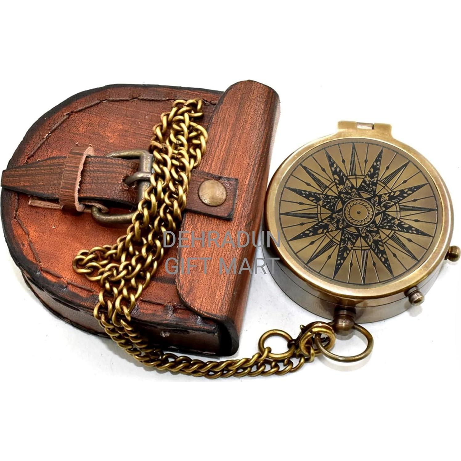 Brújula Vintage de Bronce Antiguo Dehradun 5cm con Funda de Cuero