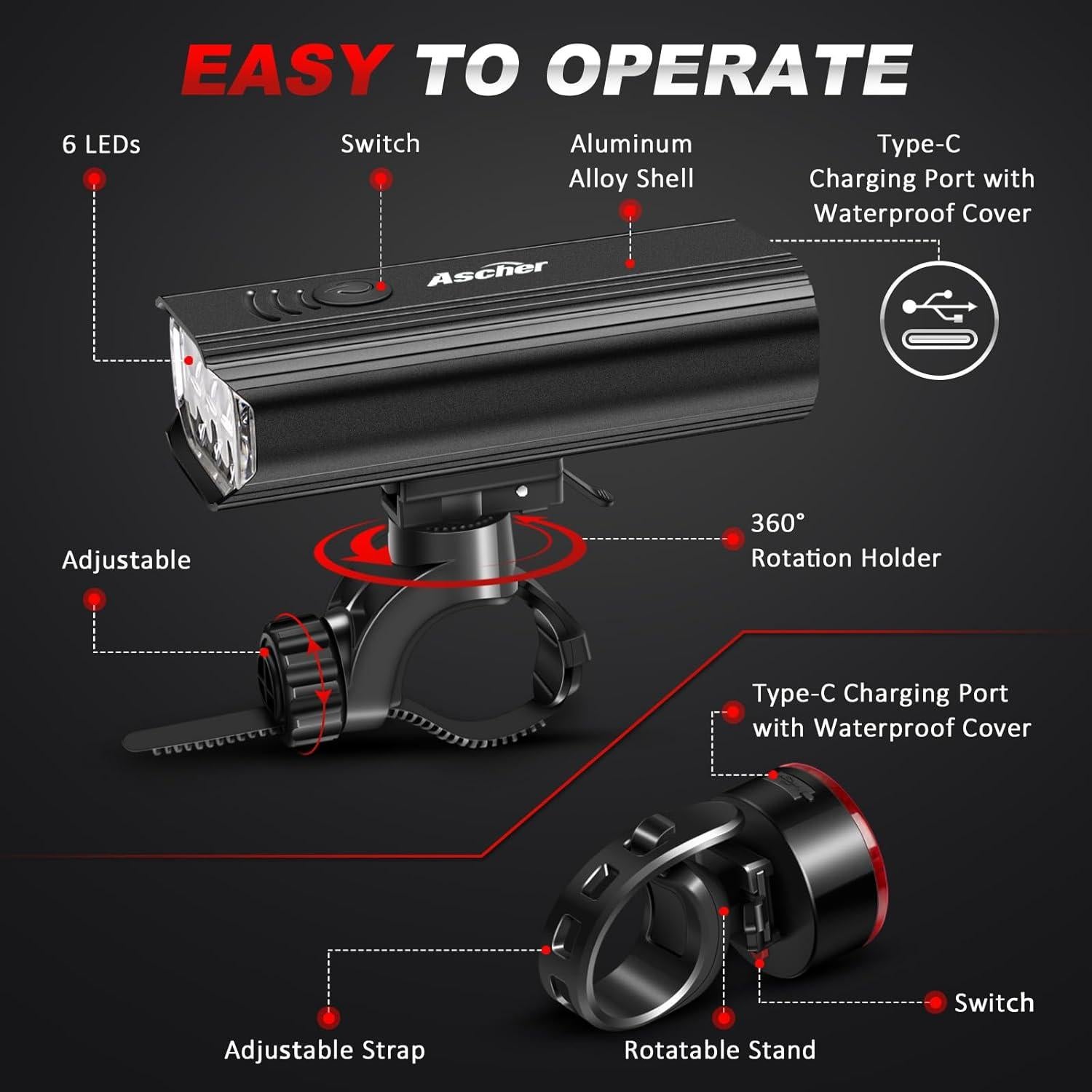 Luz de Bicicleta Ascher Recargable USB 1000 Lúmenes Delantera y Trasera