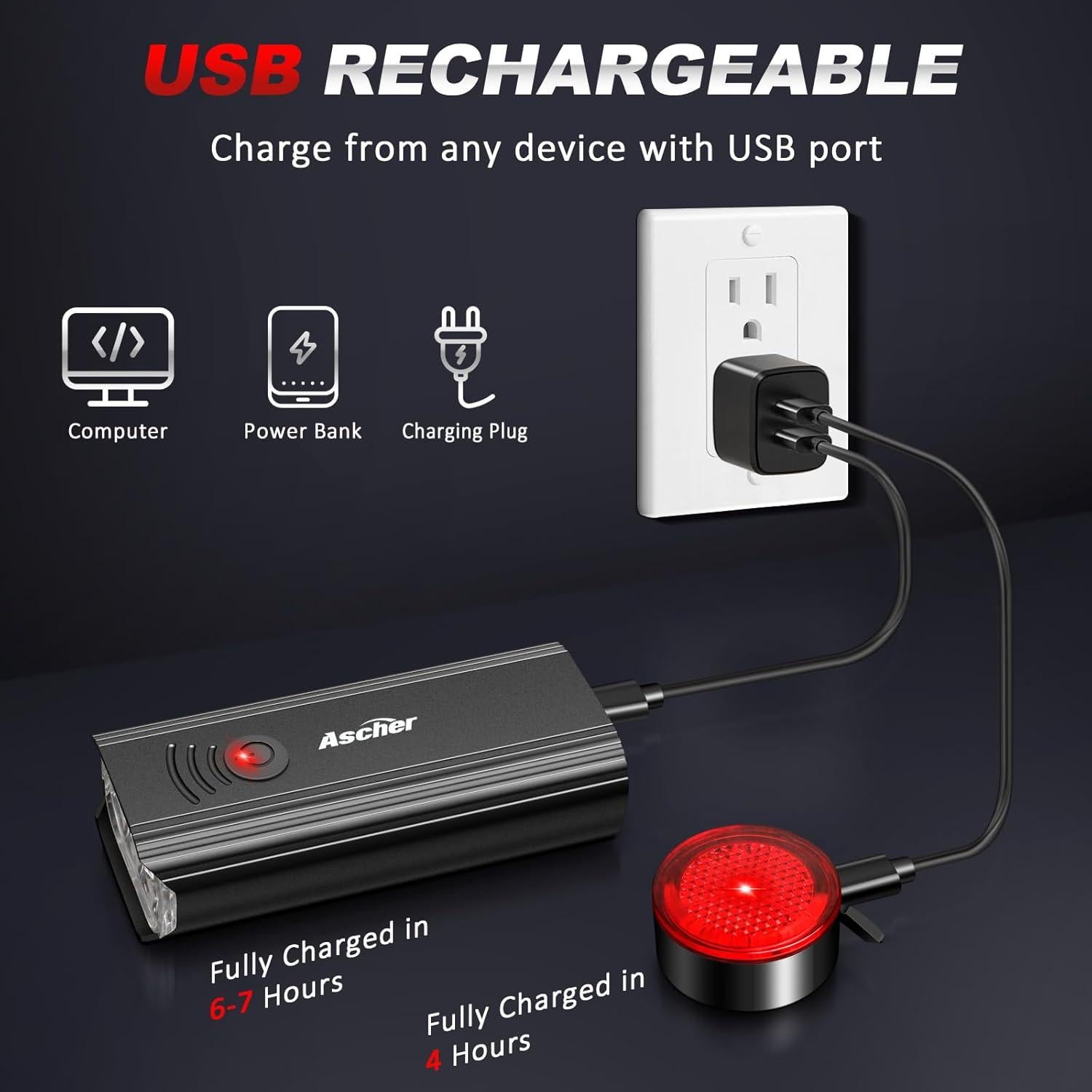 Luz de Bicicleta Ascher Recargable USB 1000 Lúmenes Delantera y Trasera