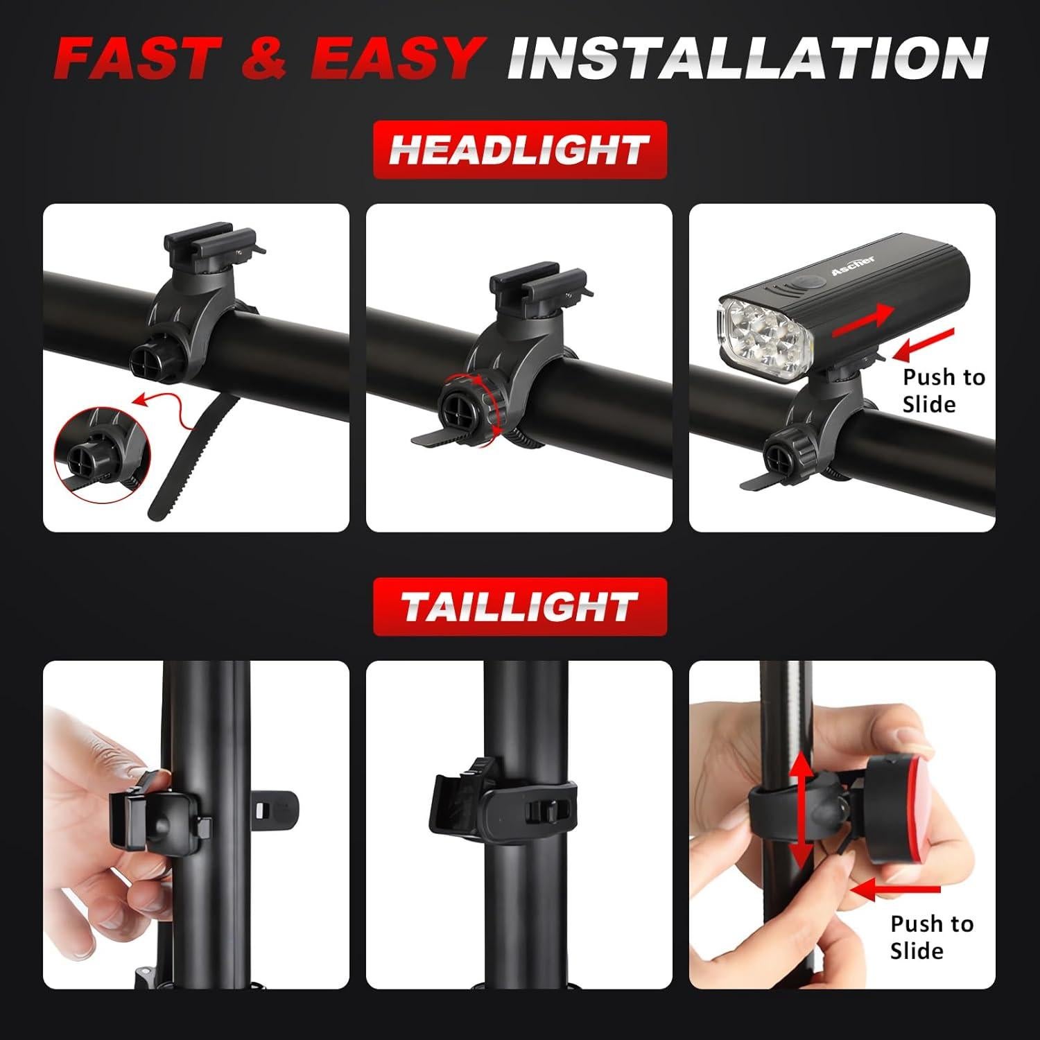 Luz de Bicicleta Ascher Recargable USB 1000 Lúmenes Delantera y Trasera