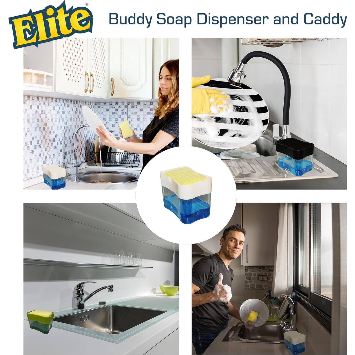 Dispensador de Jabón Elite Buddy con Esponja Limpiadora Blanca