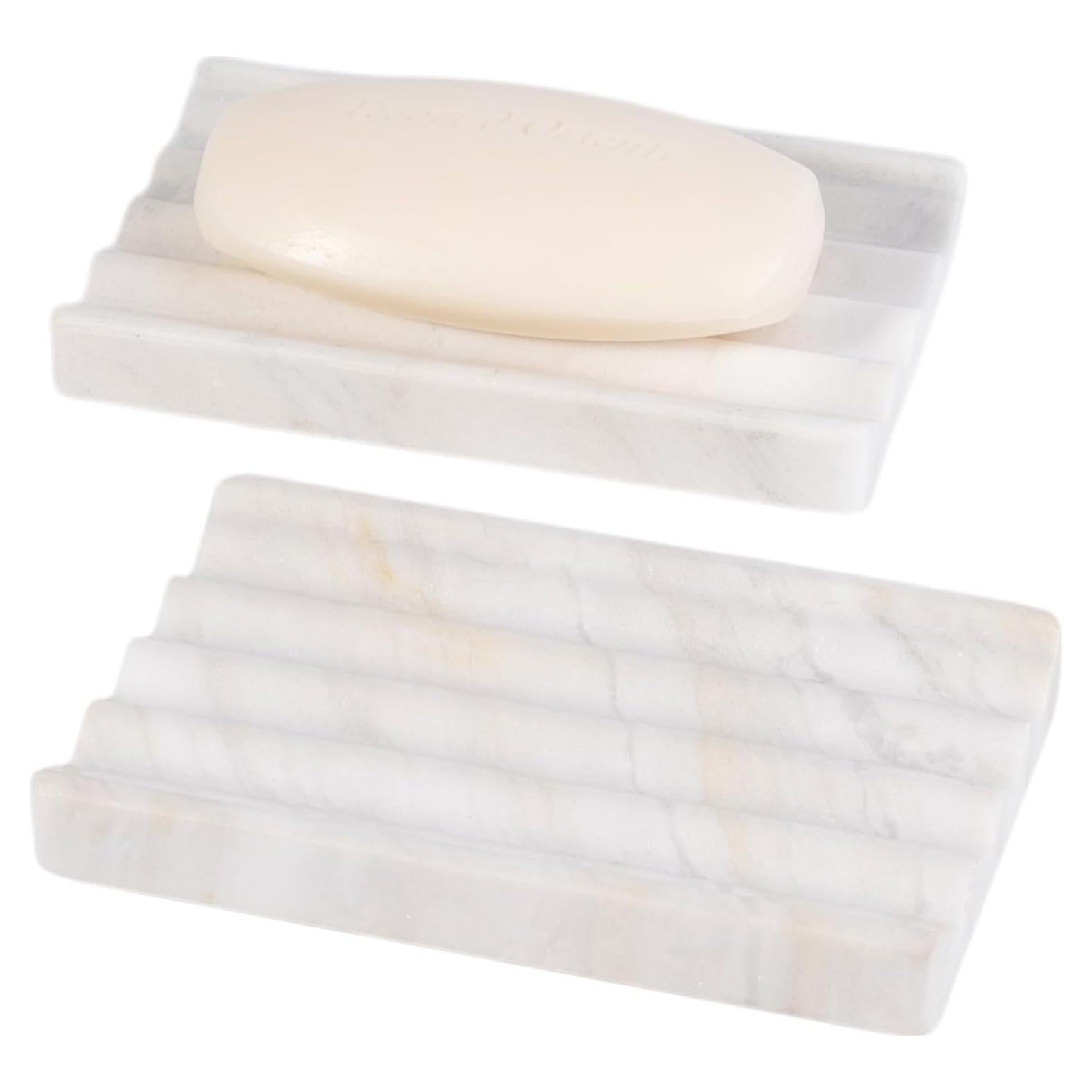 2 Pcs Soap Holder for Bathroom, Marble Soap Dish for Kitchen Countertop, Soap Tray Draining with Creative Wavy Design, Bar Soap Saver for Bath Tub, Sponges, Italian Natural Stone(Agiax)