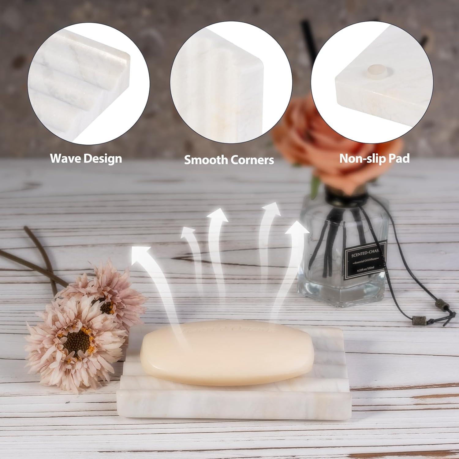 2 Pcs Soap Holder for Bathroom, Marble Soap Dish for Kitchen Countertop, Soap Tray Draining with Creative Wavy Design, Bar Soap Saver for Bath Tub, Sponges, Italian Natural Stone(Agiax)