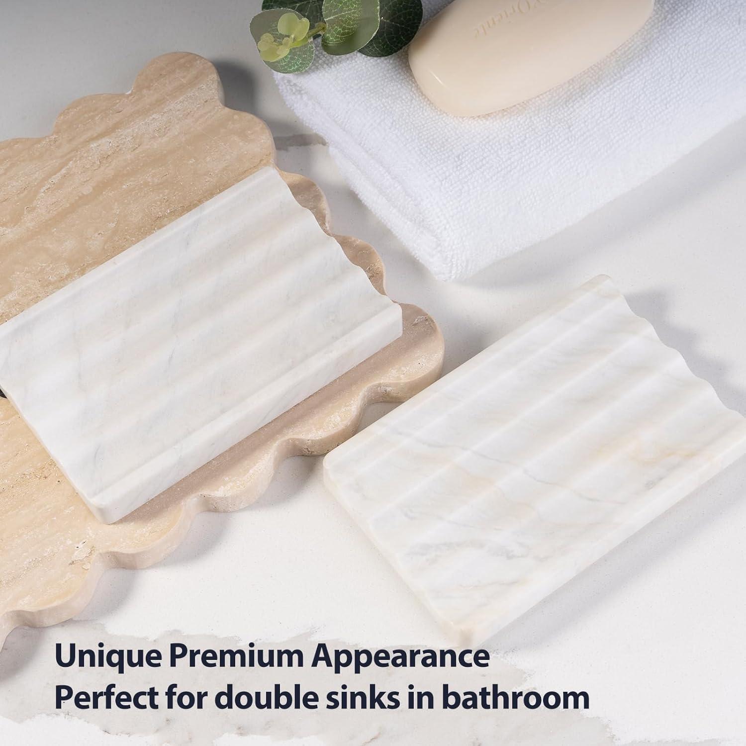 2 Pcs Soap Holder for Bathroom, Marble Soap Dish for Kitchen Countertop, Soap Tray Draining with Creative Wavy Design, Bar Soap Saver for Bath Tub, Sponges, Italian Natural Stone(Agiax)