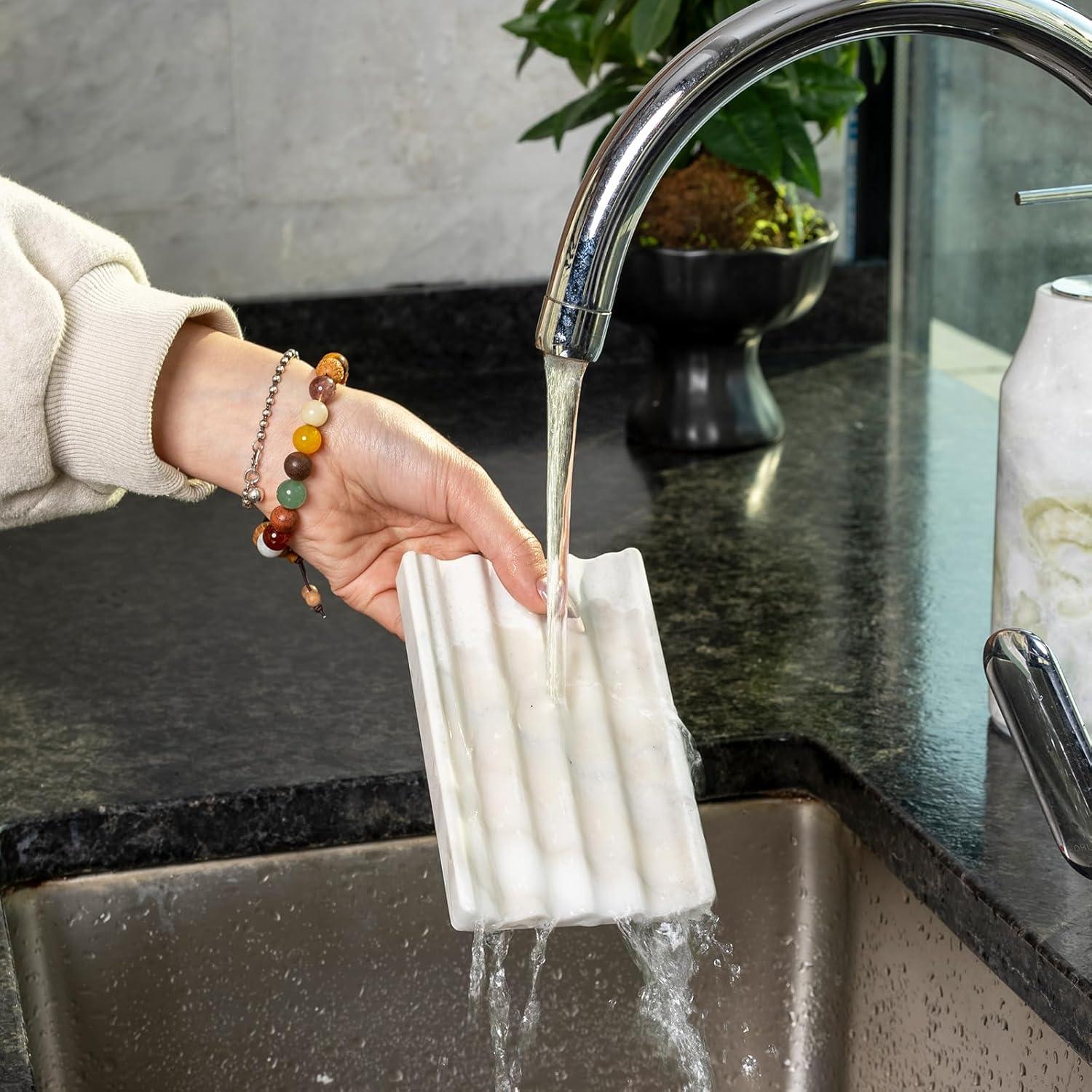 2 Pcs Soap Holder for Bathroom, Marble Soap Dish for Kitchen Countertop, Soap Tray Draining with Creative Wavy Design, Bar Soap Saver for Bath Tub, Sponges, Italian Natural Stone(Agiax)