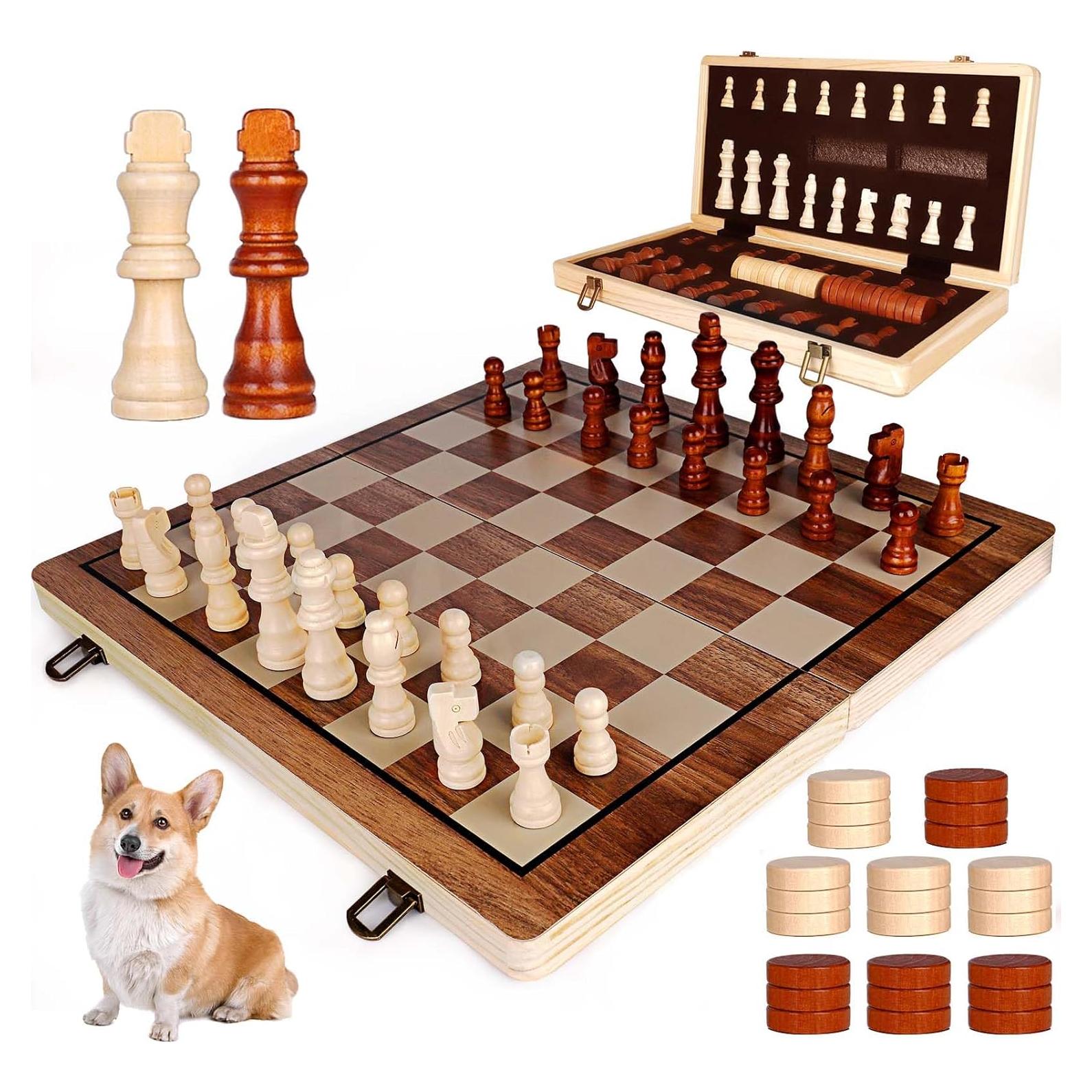 Juego de Ajedrez y Damas de Madera Demiwise 38.1 cm Plegable