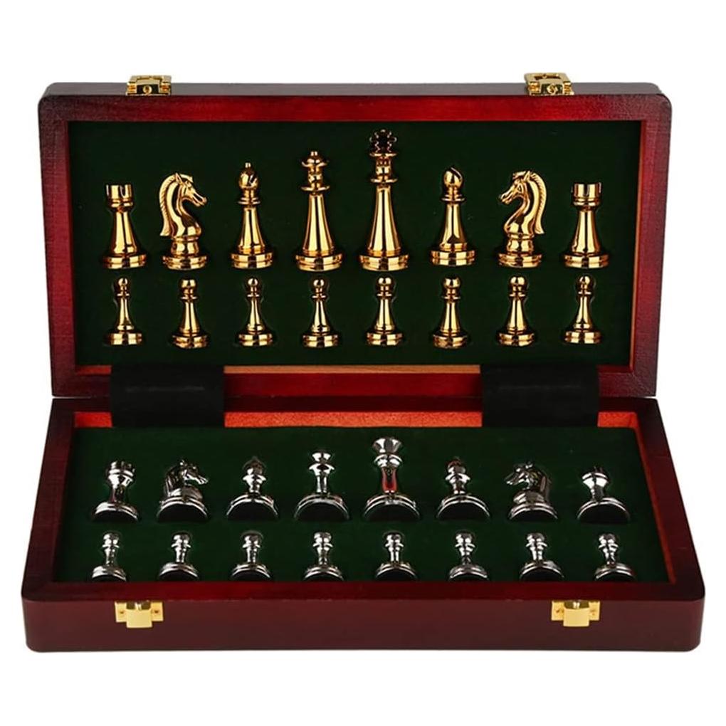Juego de Ajedrez Deluxe Metálico 29x29 cm - Caja de Madera