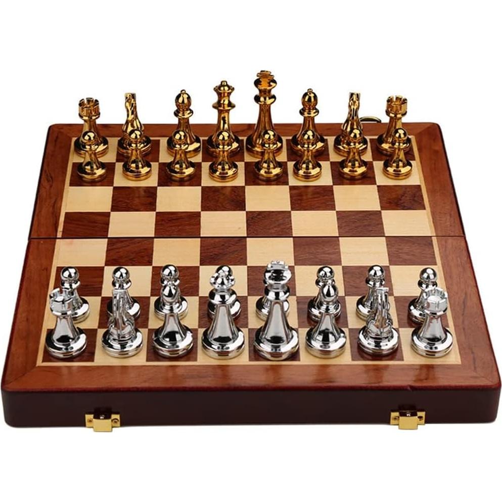 Juego de Ajedrez Deluxe Metálico 29x29 cm - Caja de Madera
