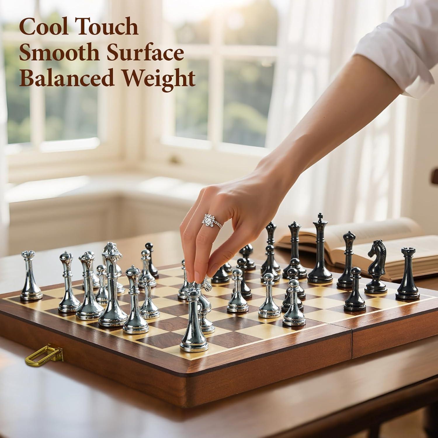 Juego de Ajedrez Plegable de Madera ELONGDI 30.48 cm Metal