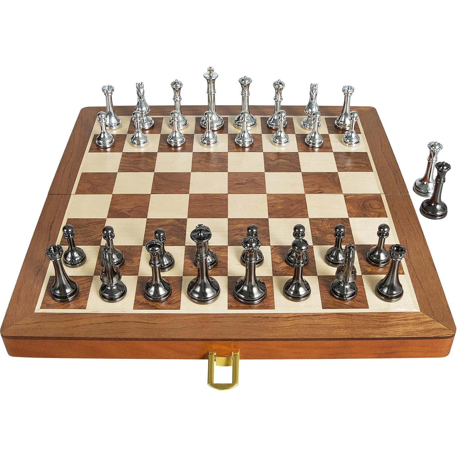 Juego de Ajedrez Plegable de Madera ELONGDI 30.48 cm Metal