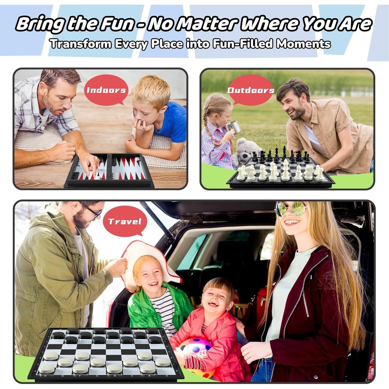 Juego de Mesa 3 en 1 Magnético Ajedrez Damas Backgammon