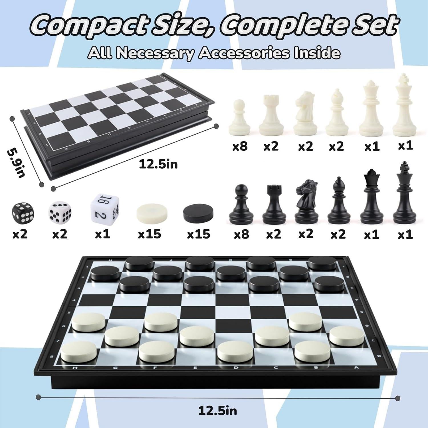 Juego de Mesa 3 en 1 Magnético Ajedrez Damas Backgammon