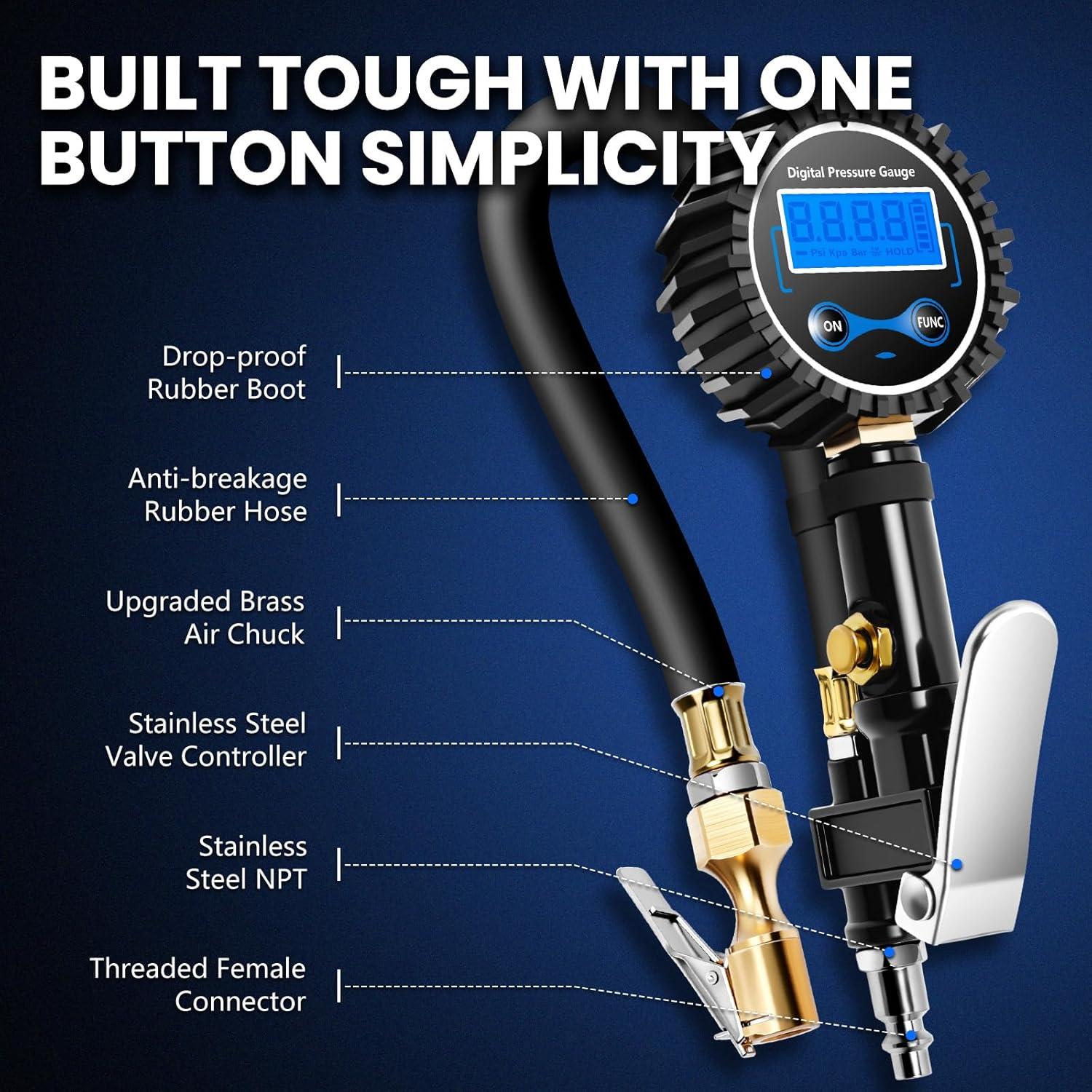 Medidor de Presión de Neumáticos Digital DIKTALK con Inflador