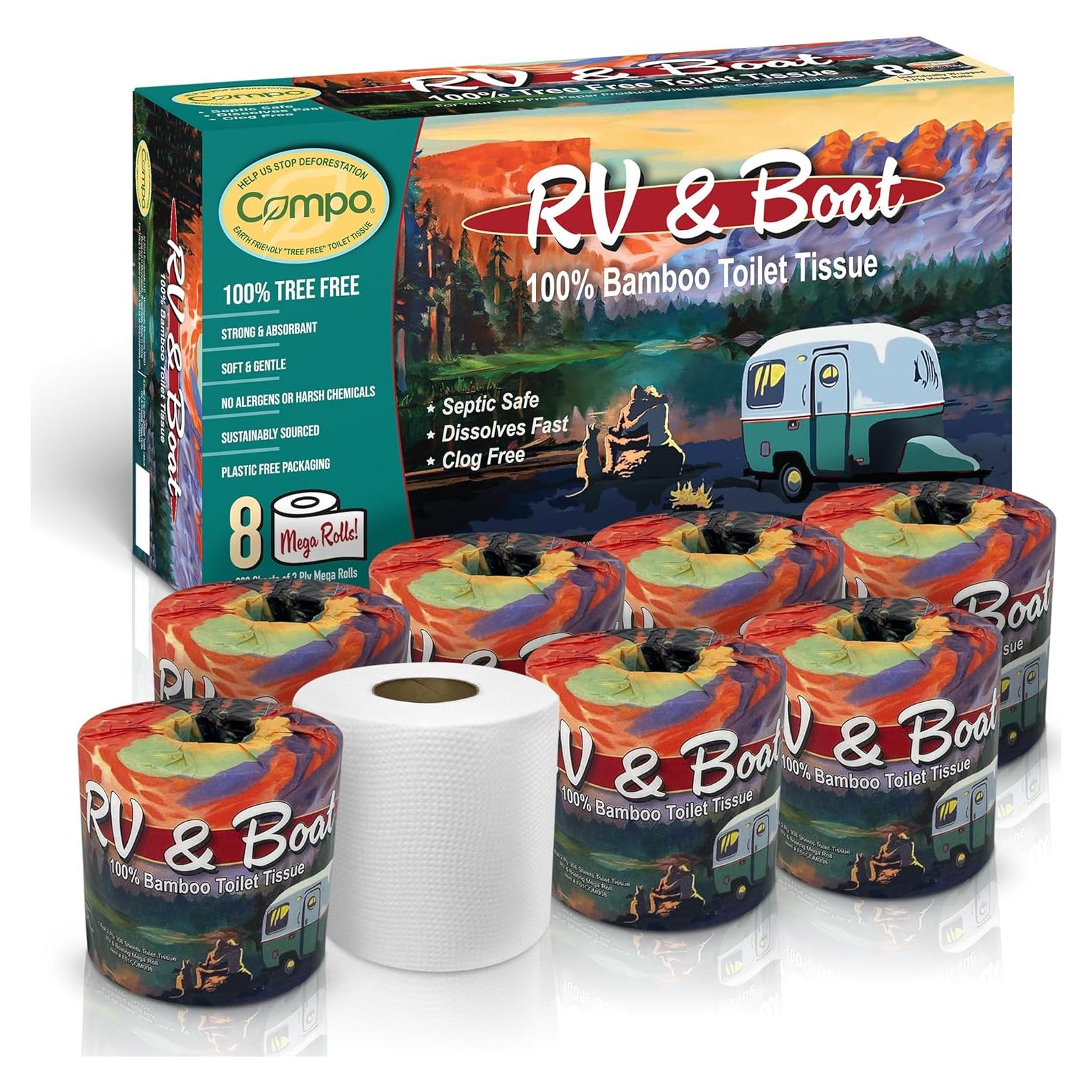 Papel Higiénico Compo 100% Bambú para Barcos y RV - 8 Rollos
