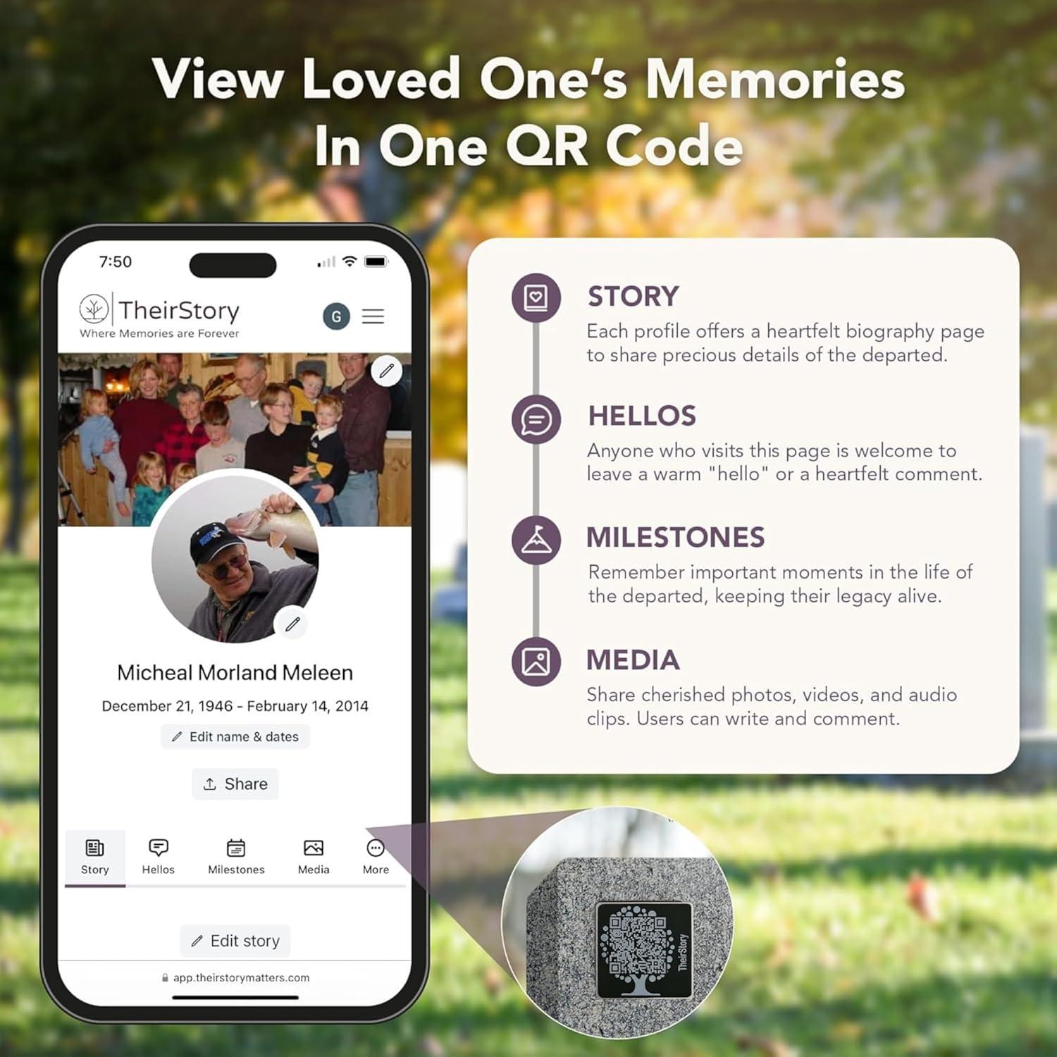 Lápida QR TheirStory 5.08x5.08cm Aluminio Resistente