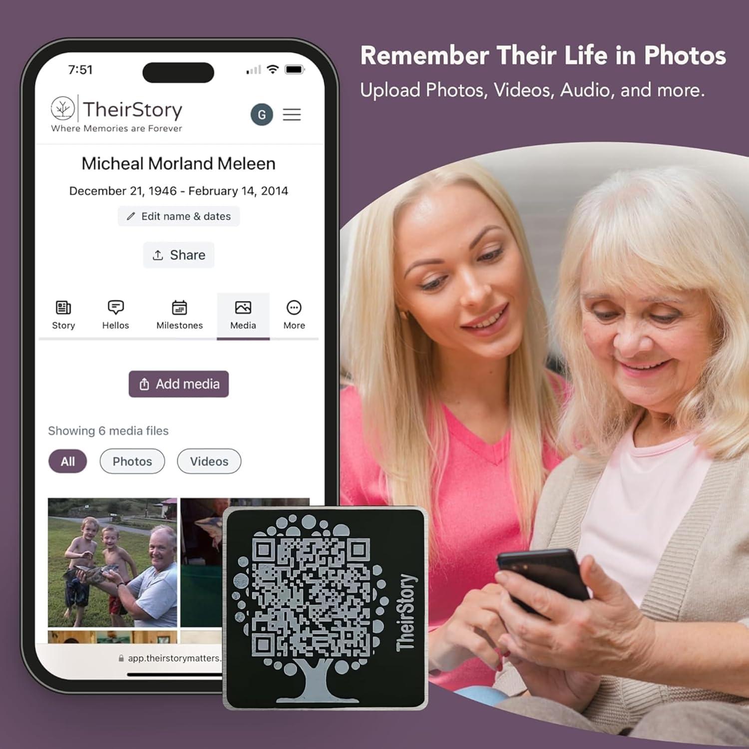 Lápida QR TheirStory 5.08x5.08cm Aluminio Resistente