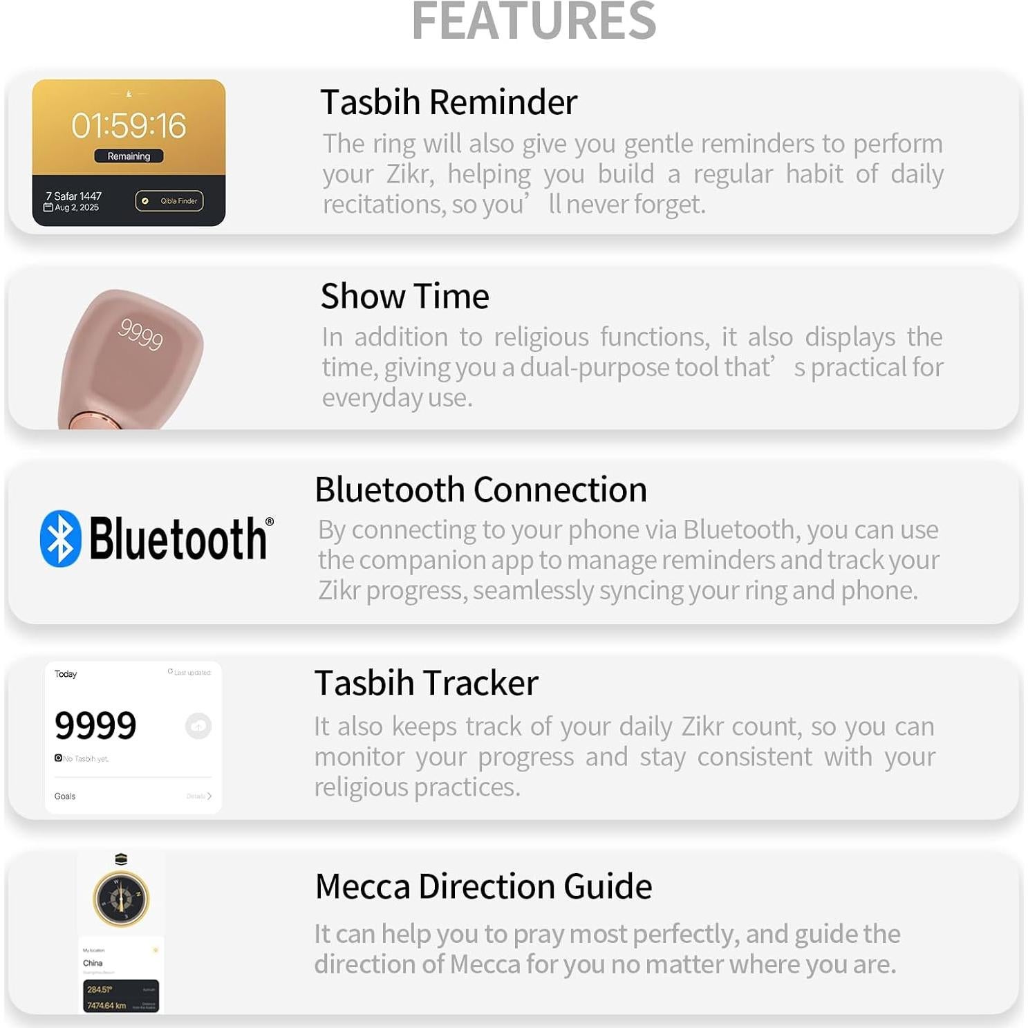 Anillo Inteligente Zikr Rosa - Contador de Tasbih y Alarmas
