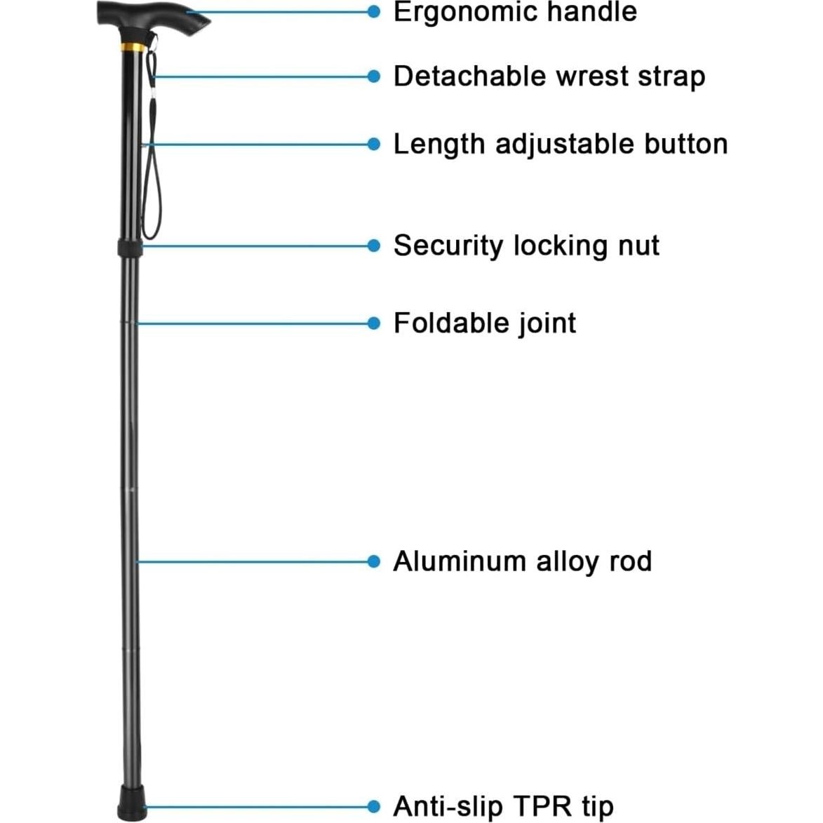 Bastón Plegable Ajustable GPCT para Caminar - Negro