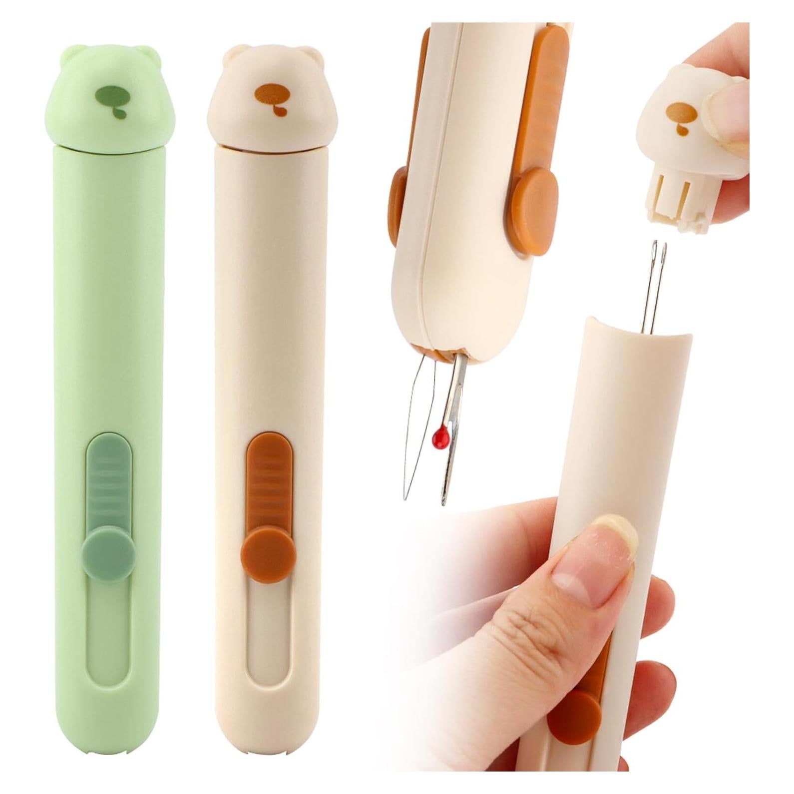 3 in 1 Automatic Needle Threaders Seam Ripper with Needle Storage, Quick Needles Threading Tool for Hand Sewing, Knitting Craft Quilting Supplies(Color:Green+Brown)