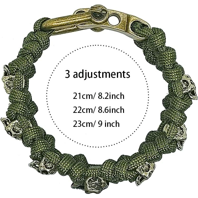 Pulsera de Paracord Ajustable con Calaveras de Metal Verde