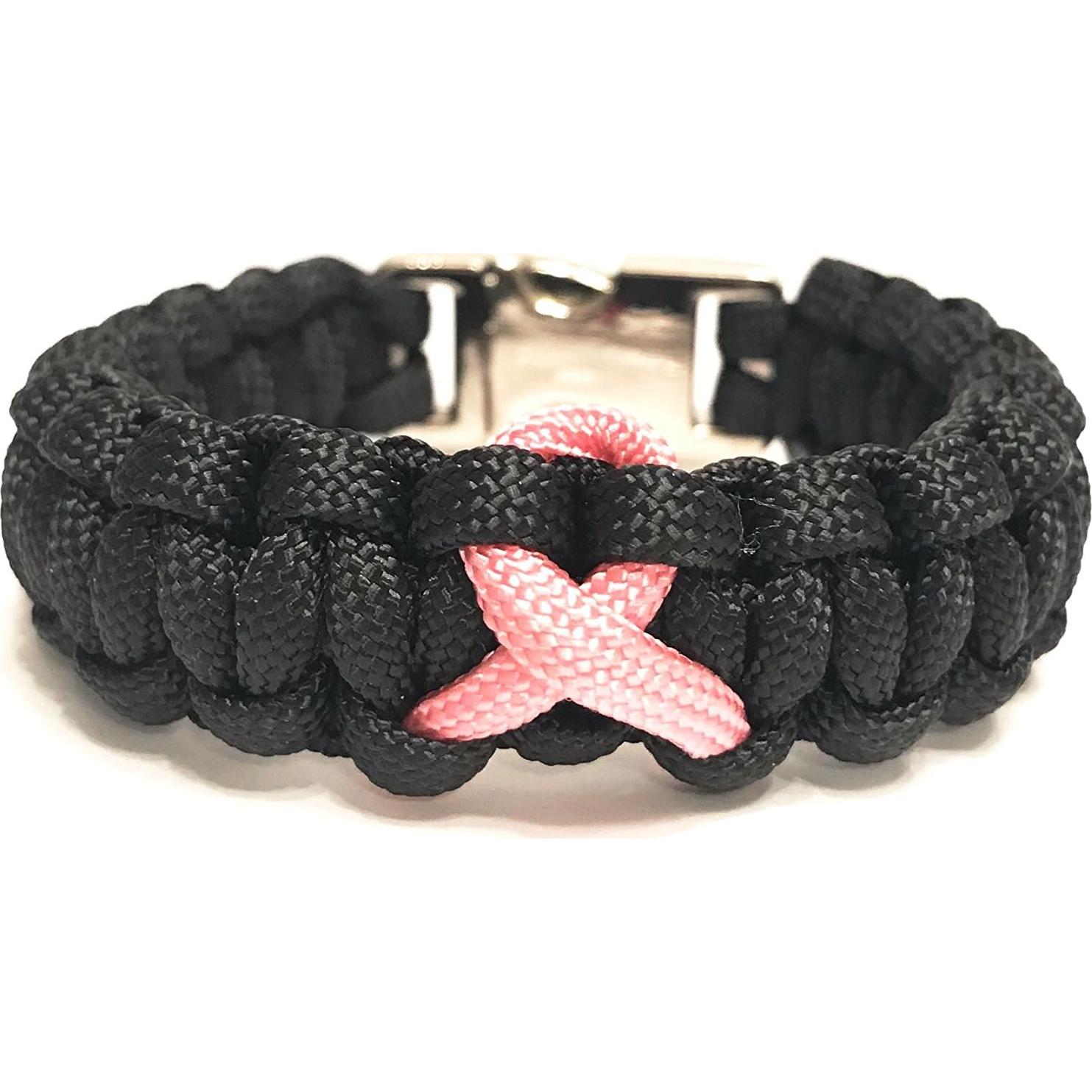 Pulsera de Supervivencia Tru550 Negra con Cinta Rosa 7.5"